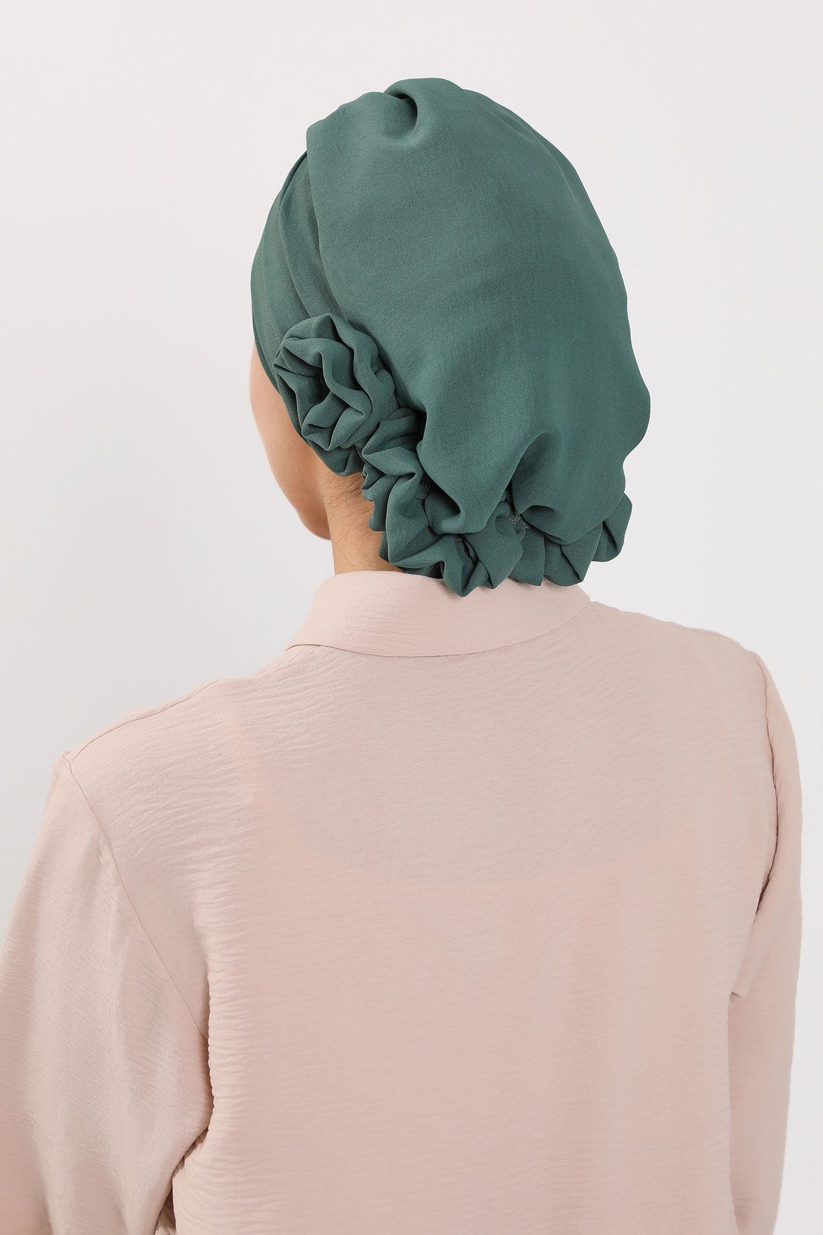 Pre-Tied Modest Turban for Women, Soft Aerobin Fabric Hijab with Stylish Back Flower, Slip-On Cotton Blend Head Cover,HT-92 Light Green
