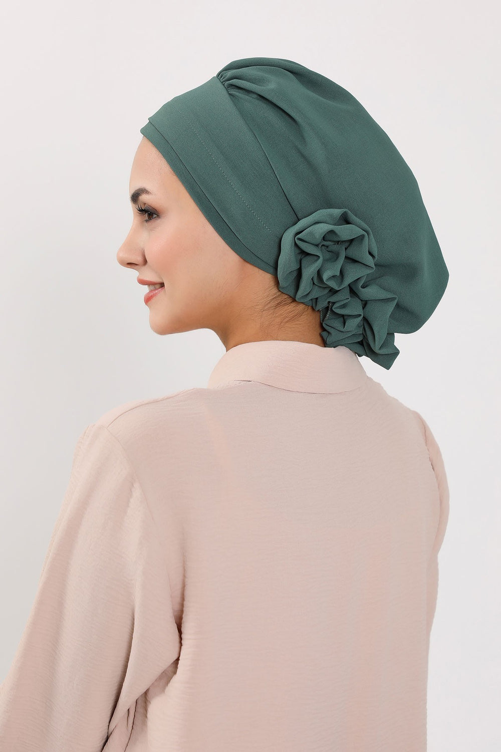 Pre-Tied Modest Turban for Women, Soft Aerobin Fabric Hijab with Stylish Back Flower, Slip-On Cotton Blend Head Cover,HT-92 Light Green