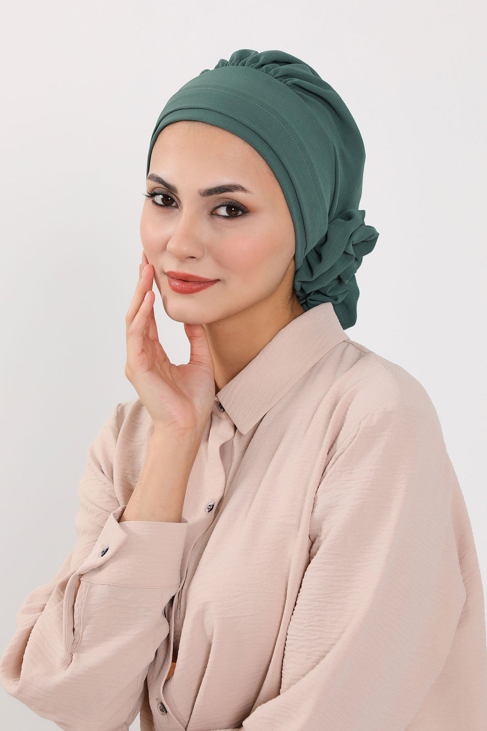 Pre-Tied Modest Turban for Women, Soft Aerobin Fabric Hijab with Stylish Back Flower, Slip-On Cotton Blend Head Cover,HT-92 Light Green
