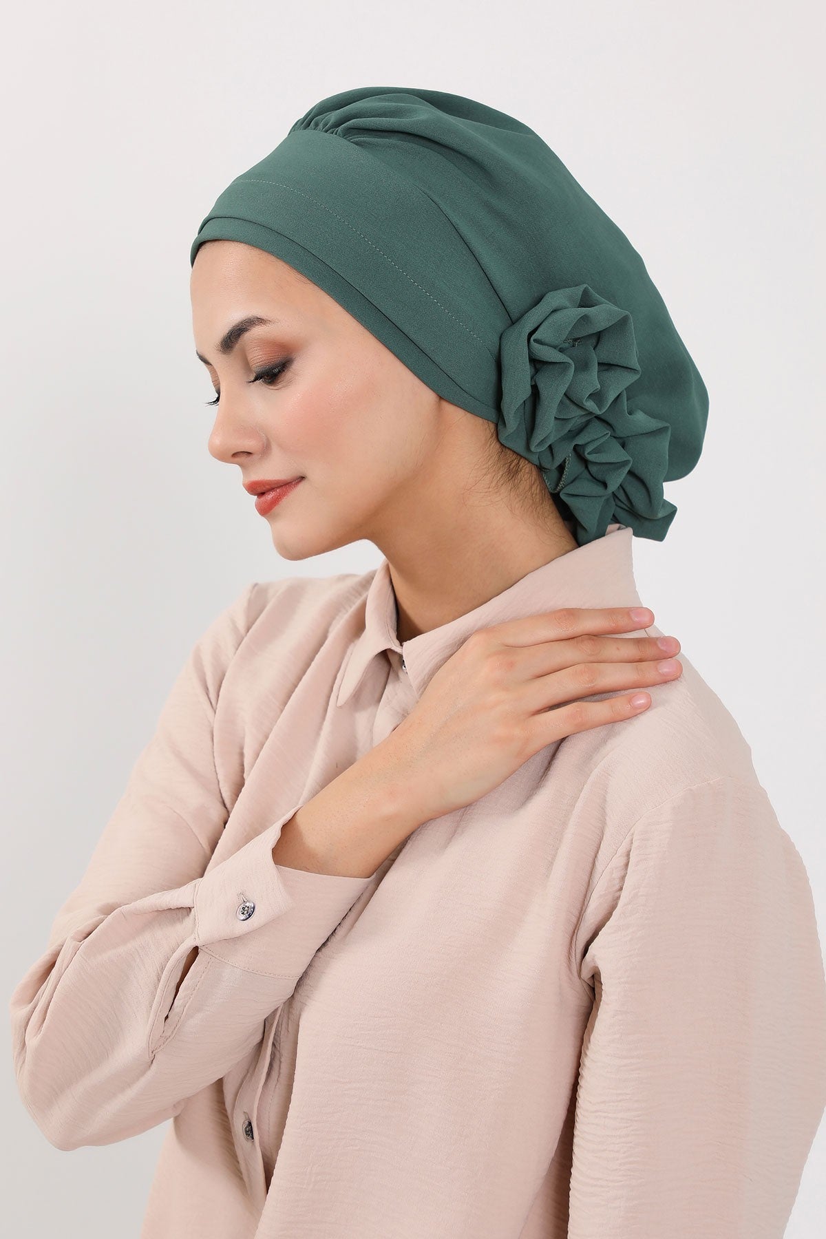 Pre-Tied Modest Turban for Women, Soft Aerobin Fabric Hijab with Stylish Back Flower, Slip-On Cotton Blend Head Cover,HT-92 Light Green