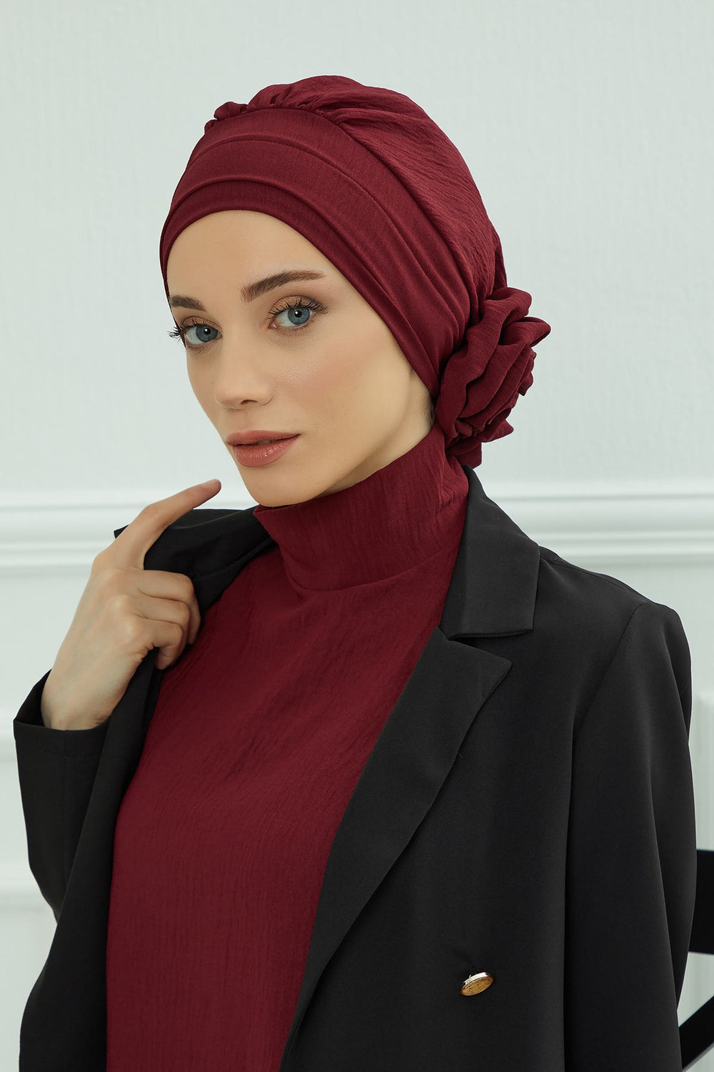Pre-Tied Modest Turban for Women, Soft Aerobin Fabric Hijab with Stylish Back Flower, Slip-On Cotton Blend Head Cover,HT-92 Maroon