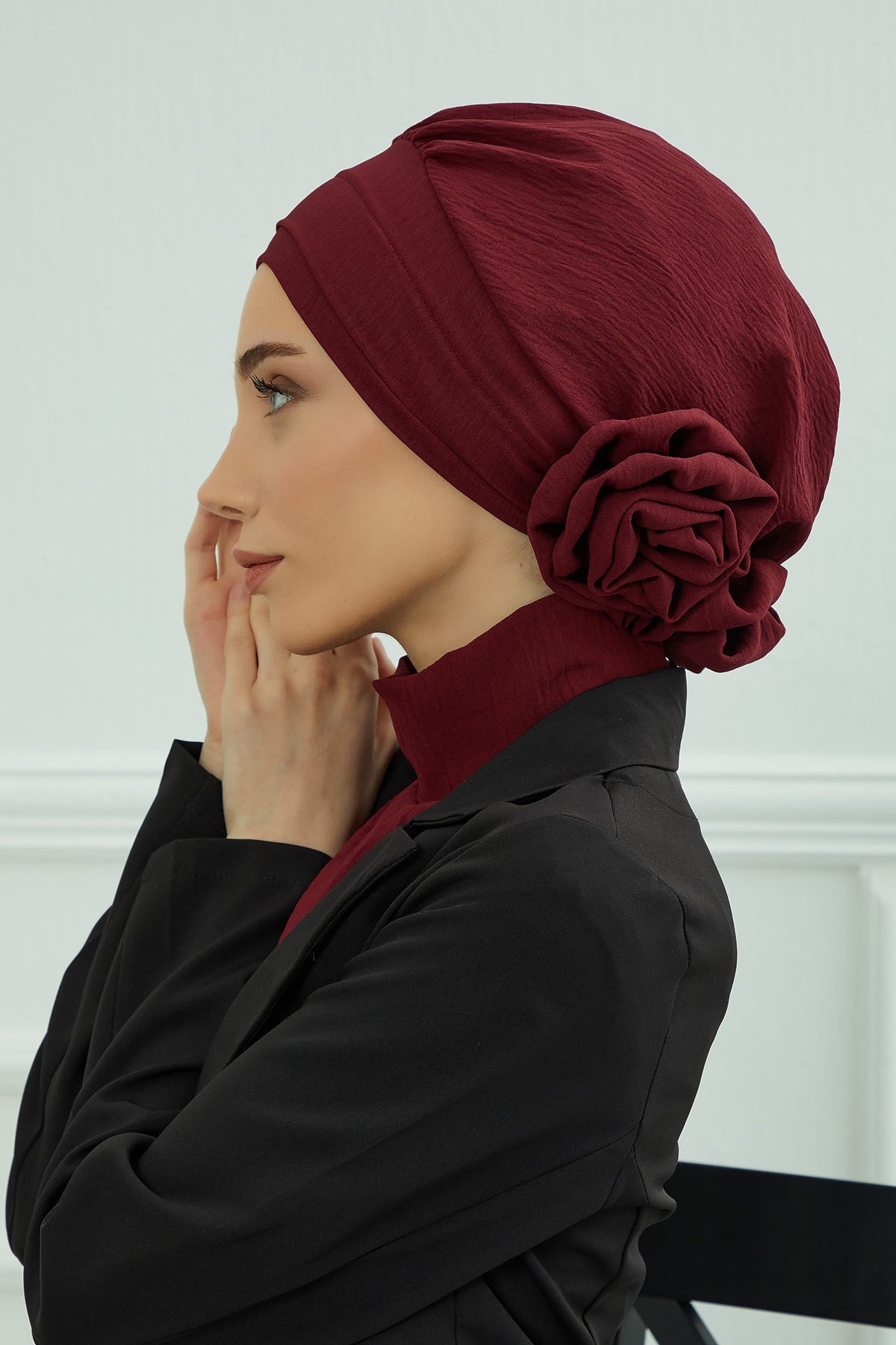 Pre-Tied Modest Turban for Women, Soft Aerobin Fabric Hijab with Stylish Back Flower, Slip-On Cotton Blend Head Cover,HT-92 Maroon