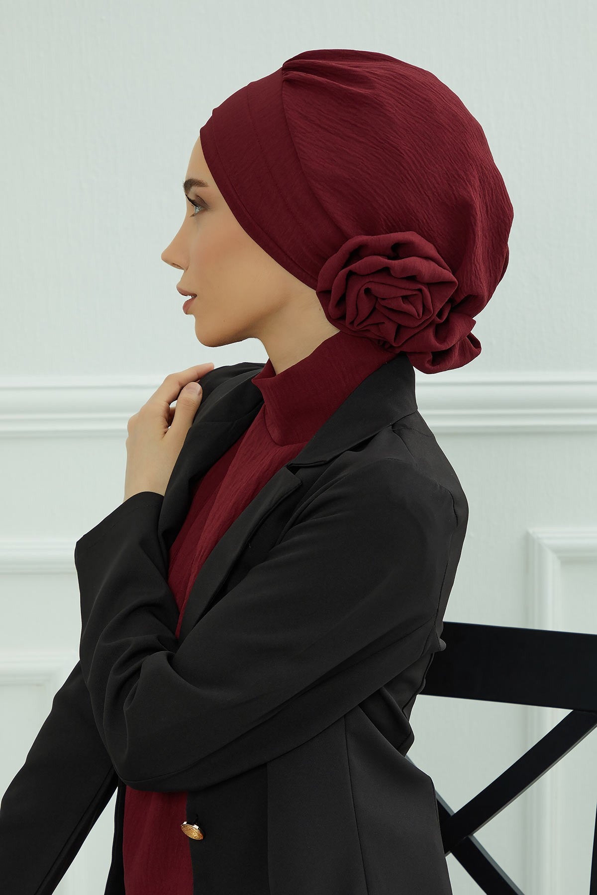 Pre-Tied Modest Turban for Women, Soft Aerobin Fabric Hijab with Stylish Back Flower, Slip-On Cotton Blend Head Cover,HT-92 Maroon