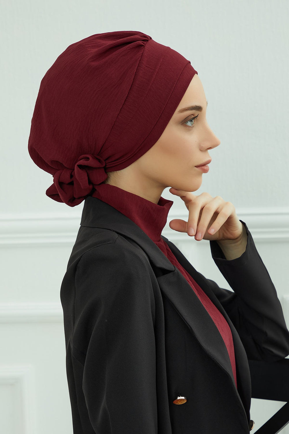 Pre-Tied Modest Turban for Women, Soft Aerobin Fabric Hijab with Stylish Back Flower, Slip-On Cotton Blend Head Cover,HT-92 Maroon