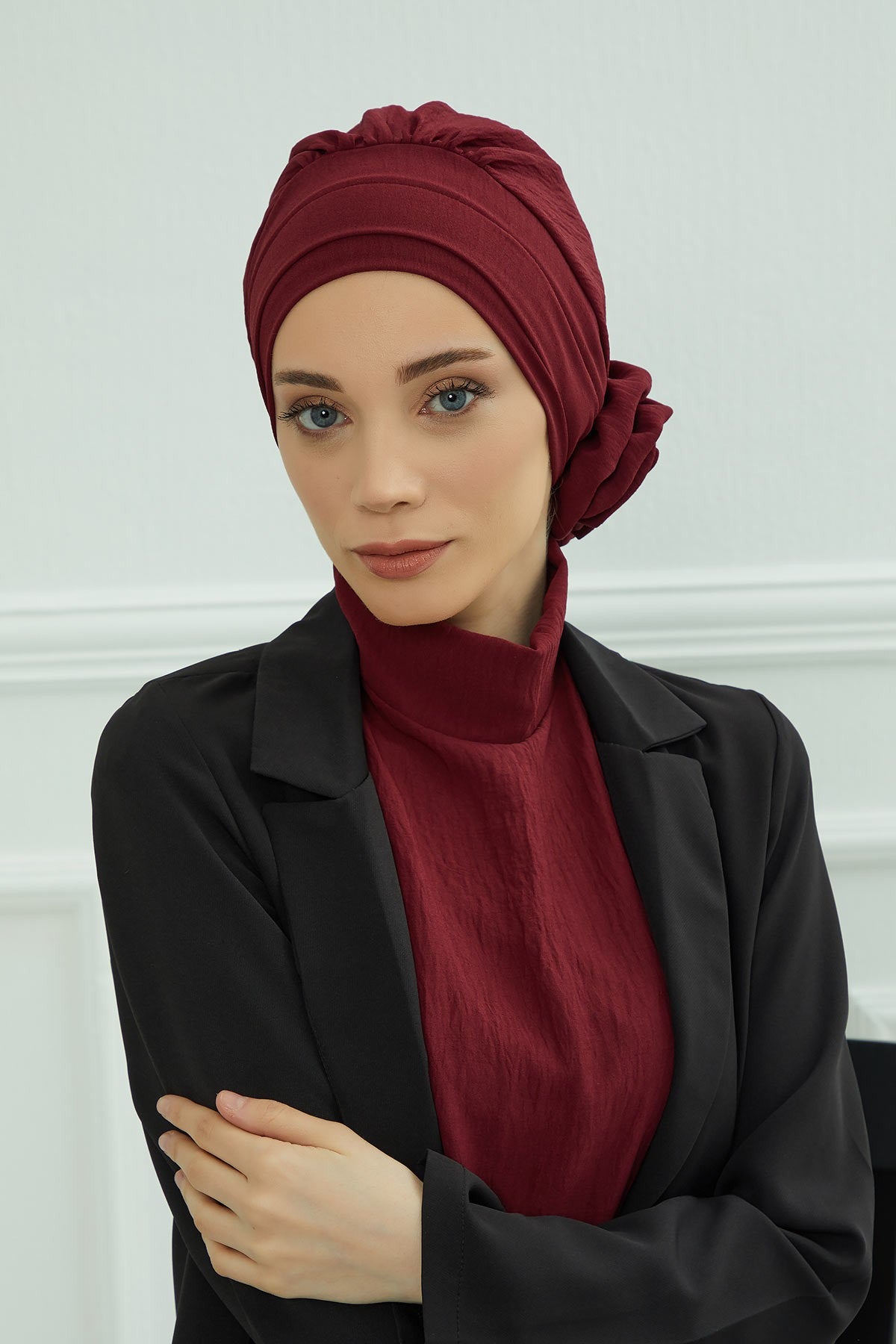Pre-Tied Modest Turban for Women, Soft Aerobin Fabric Hijab with Stylish Back Flower, Slip-On Cotton Blend Head Cover,HT-92 Maroon