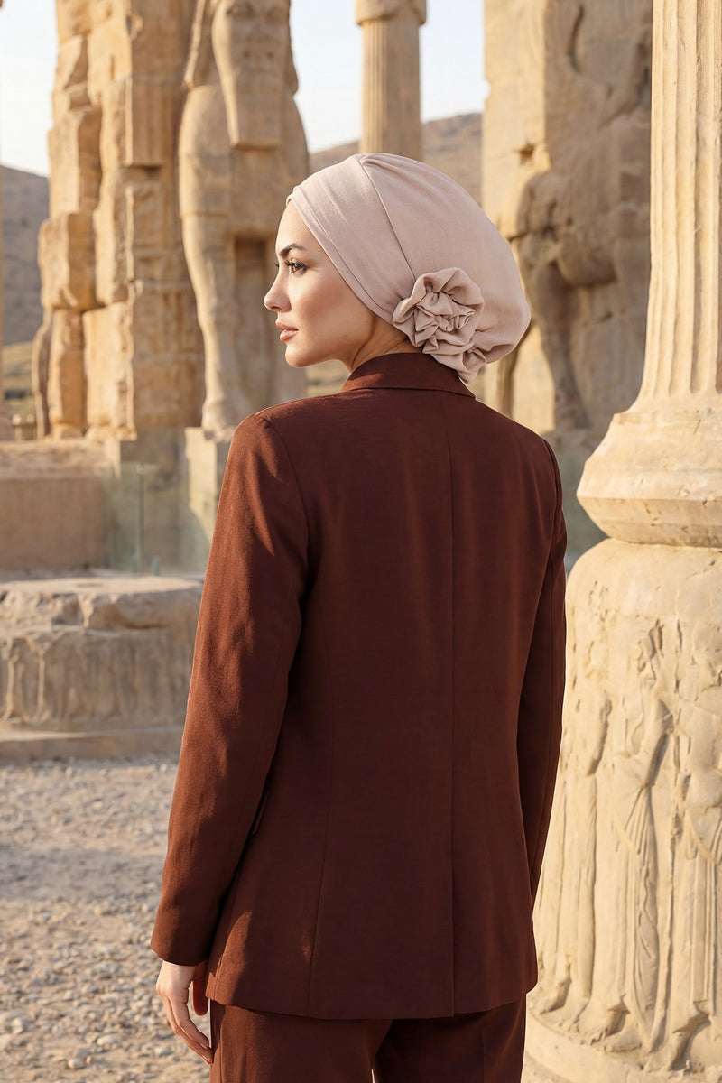 Pre-Tied Modest Turban for Women, Soft Aerobin Fabric Hijab with Stylish Back Flower, Slip-On Cotton Blend Head Cover,HT-92