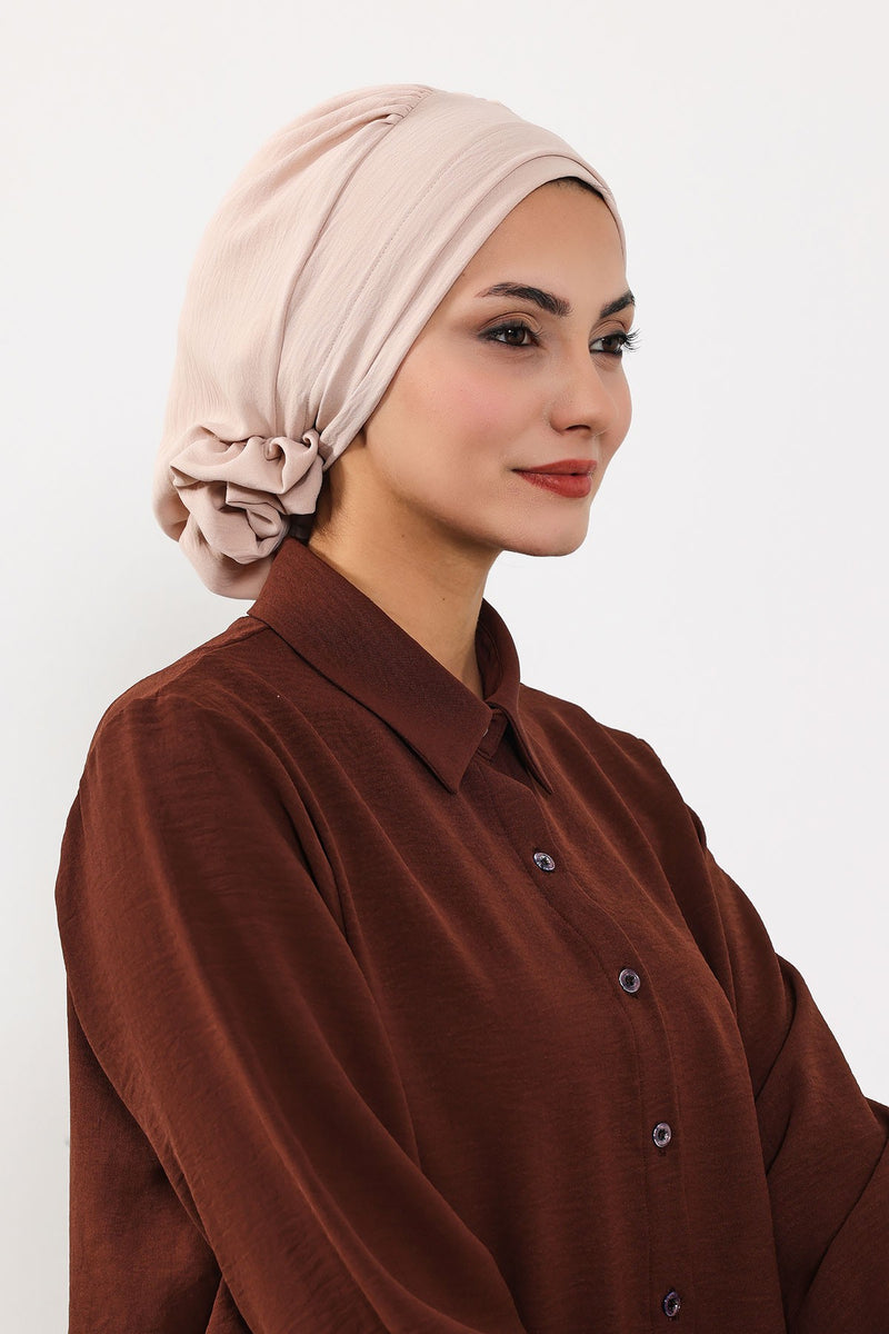 Pre-Tied Modest Turban for Women, Soft Aerobin Fabric Hijab with Stylish Back Flower, Slip-On Cotton Blend Head Cover,HT-92