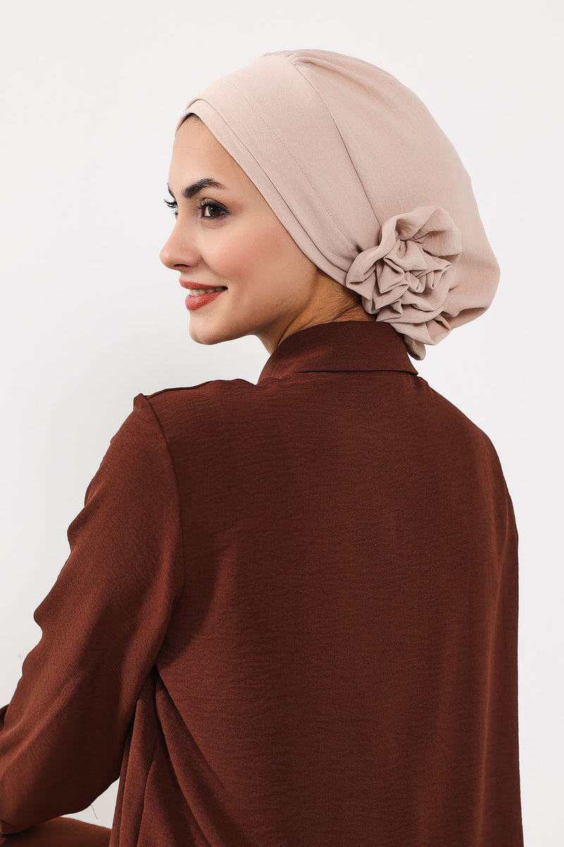 Pre-Tied Modest Turban for Women, Soft Aerobin Fabric Hijab with Stylish Back Flower, Slip-On Cotton Blend Head Cover,HT-92