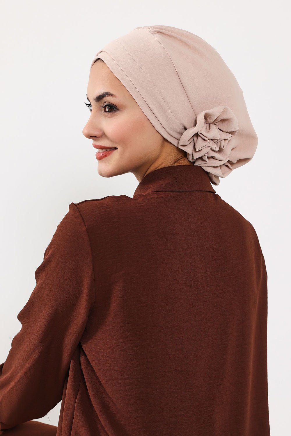 Pre-Tied Modest Turban for Women, Soft Aerobin Fabric Hijab with Stylish Back Flower, Slip-On Cotton Blend Head Cover,HT-92 Stone