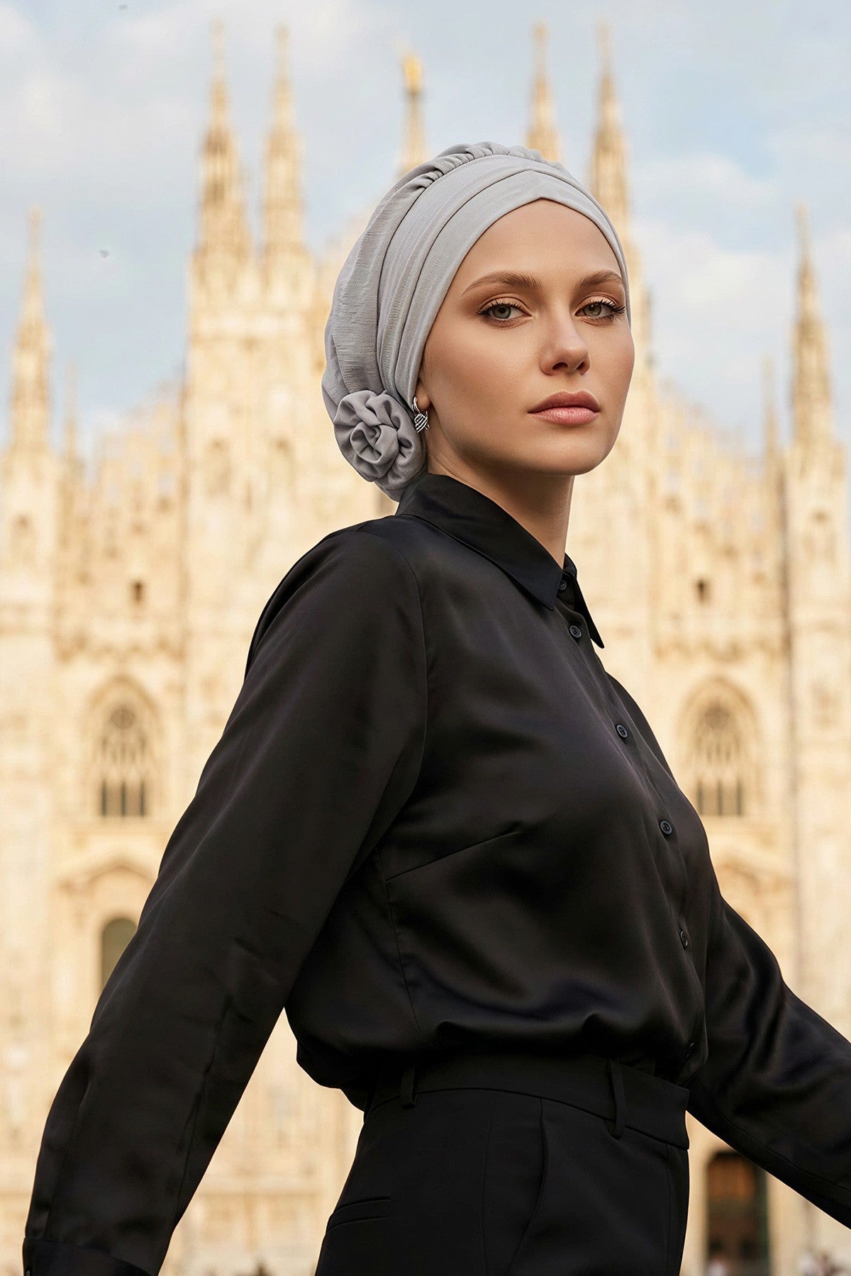 Pre-Tied Modest Turban for Women, Soft Aerobin Fabric Hijab with Stylish Back Flower, Slip-On Cotton Blend Head Cover,HT-92 Light Grey