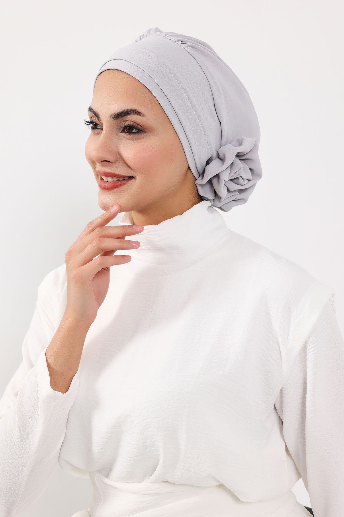 Pre-Tied Modest Turban for Women, Soft Aerobin Fabric Hijab with Stylish Back Flower, Slip-On Cotton Blend Head Cover,HT-92 Light Grey
