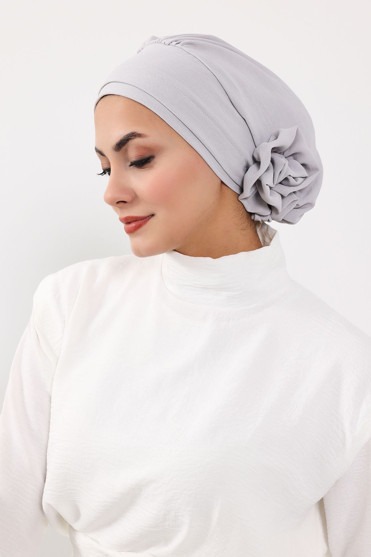 Pre-Tied Modest Turban for Women, Soft Aerobin Fabric Hijab with Stylish Back Flower, Slip-On Cotton Blend Head Cover,HT-92 Light Grey