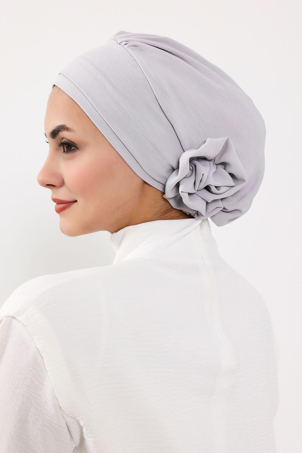 Pre-Tied Modest Turban for Women, Soft Aerobin Fabric Hijab with Stylish Back Flower, Slip-On Cotton Blend Head Cover,HT-92 Light Grey