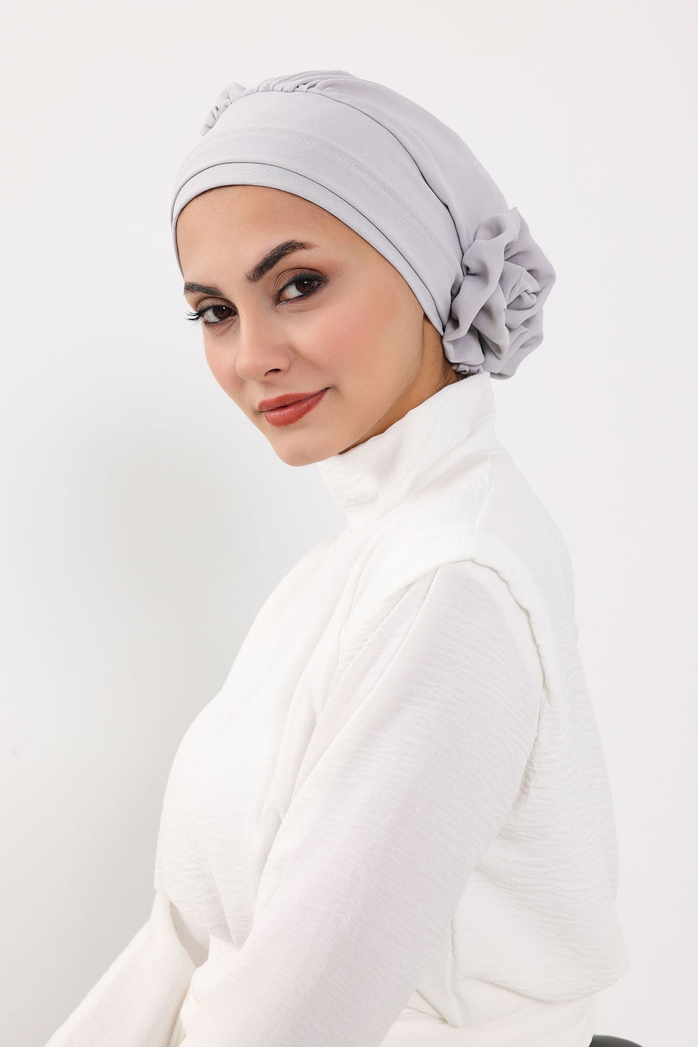 Pre-Tied Modest Turban for Women, Soft Aerobin Fabric Hijab with Stylish Back Flower, Slip-On Cotton Blend Head Cover,HT-92 Light Grey