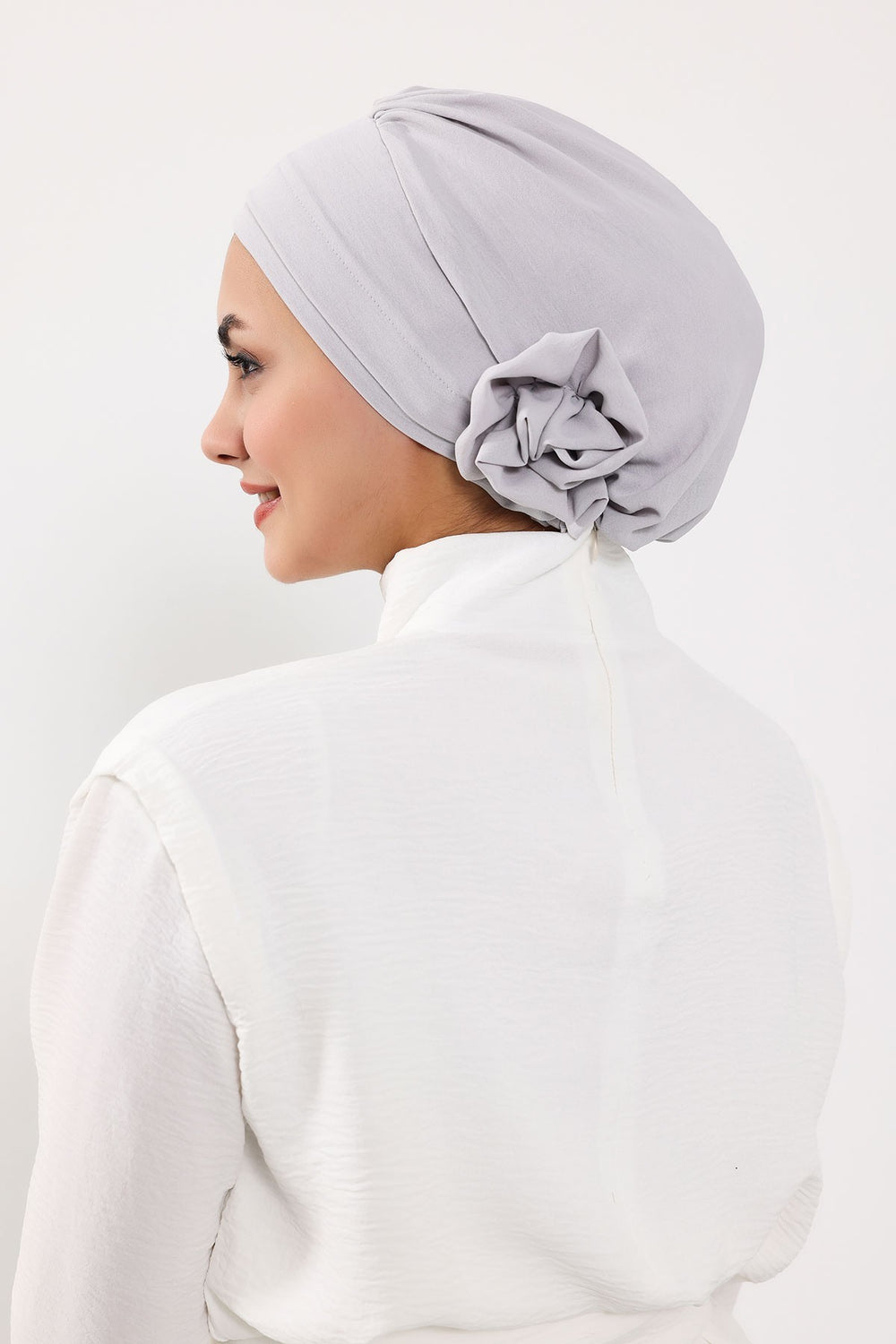 Pre-Tied Modest Turban for Women, Soft Aerobin Fabric Hijab with Stylish Back Flower, Slip-On Cotton Blend Head Cover,HT-92 Light Grey