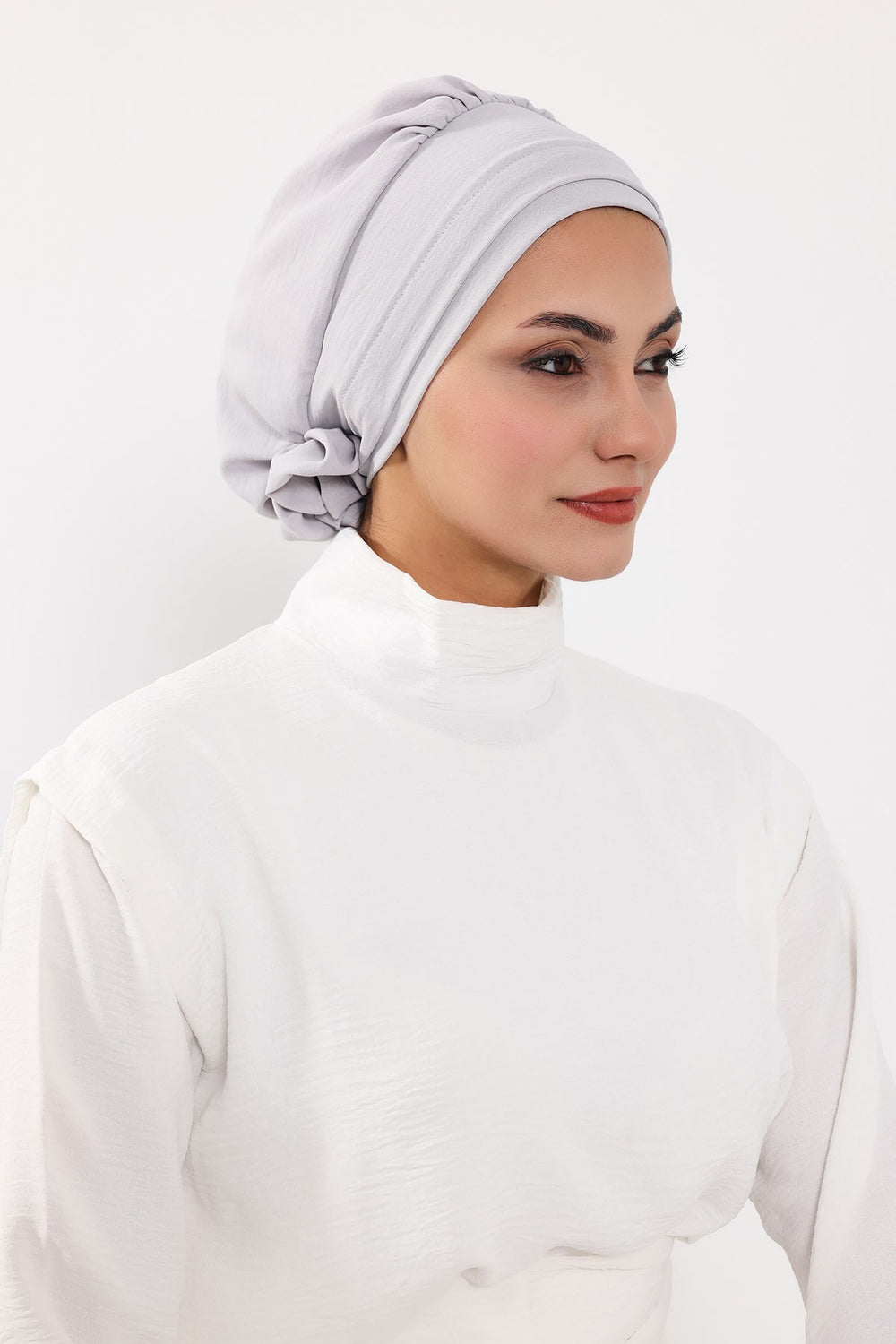 Pre-Tied Modest Turban for Women, Soft Aerobin Fabric Hijab with Stylish Back Flower, Slip-On Cotton Blend Head Cover,HT-92 Light Grey