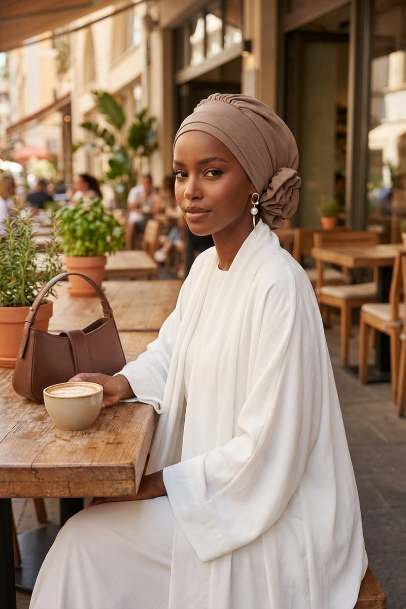 Pre-Tied Modest Turban for Women, Soft Aerobin Fabric Hijab with Stylish Back Flower, Slip-On Cotton Blend Head Cover,HT-92