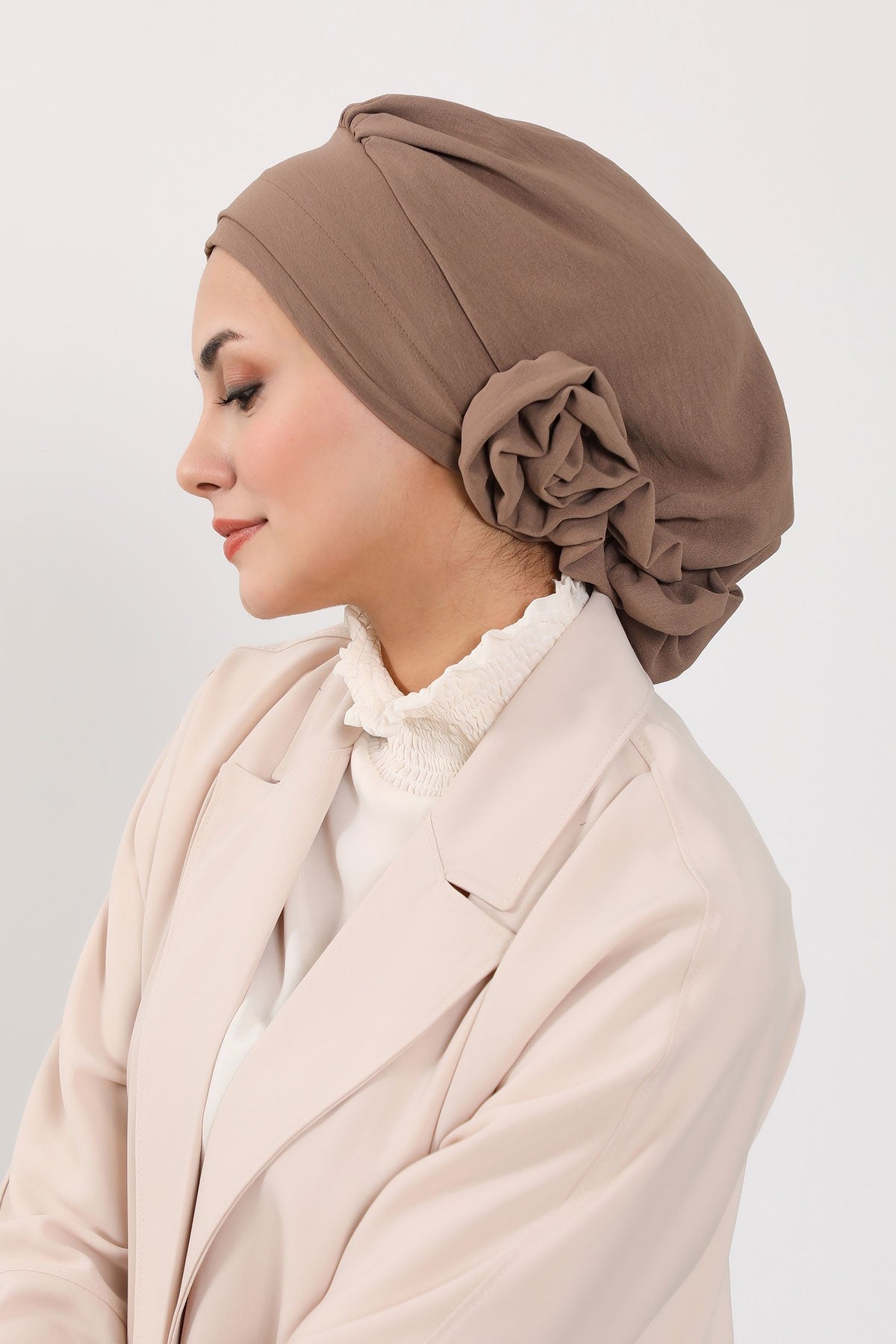 Pre-Tied Modest Turban for Women, Soft Aerobin Fabric Hijab with Stylish Back Flower, Slip-On Cotton Blend Head Cover,HT-92 Chocolate