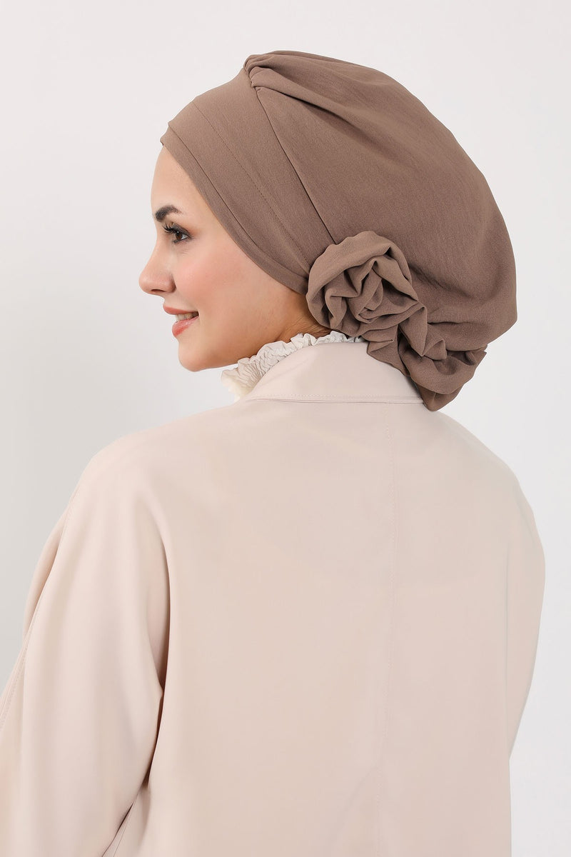 Pre-Tied Modest Turban for Women, Soft Aerobin Fabric Hijab with Stylish Back Flower, Slip-On Cotton Blend Head Cover,HT-92