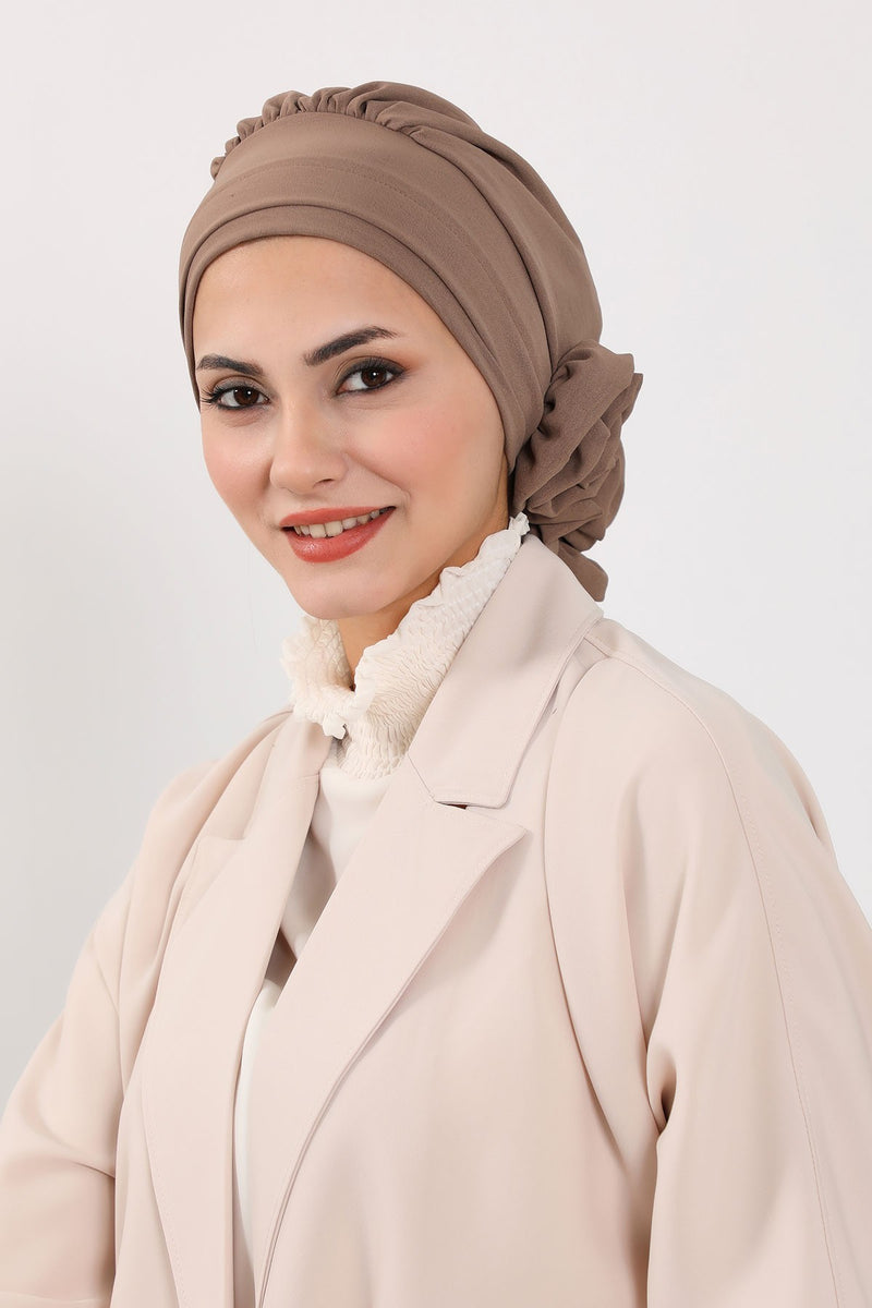 Pre-Tied Modest Turban for Women, Soft Aerobin Fabric Hijab with Stylish Back Flower, Slip-On Cotton Blend Head Cover,HT-92