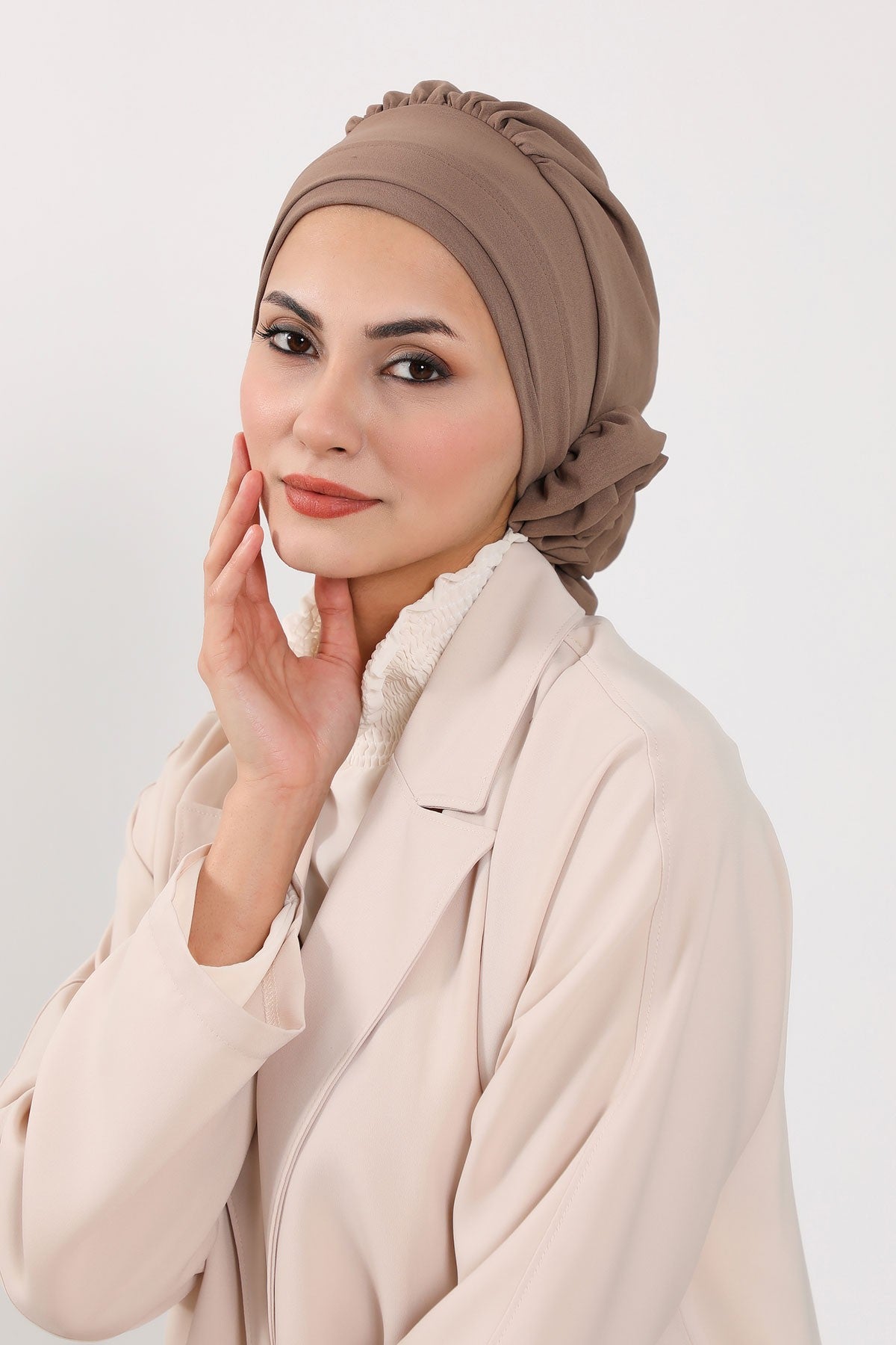 Pre-Tied Modest Turban for Women, Soft Aerobin Fabric Hijab with Stylish Back Flower, Slip-On Cotton Blend Head Cover,HT-92 Chocolate