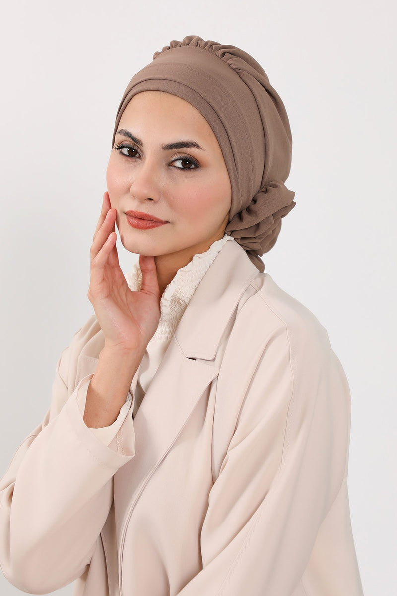 Pre-Tied Modest Turban for Women, Soft Aerobin Fabric Hijab with Stylish Back Flower, Slip-On Cotton Blend Head Cover,HT-92