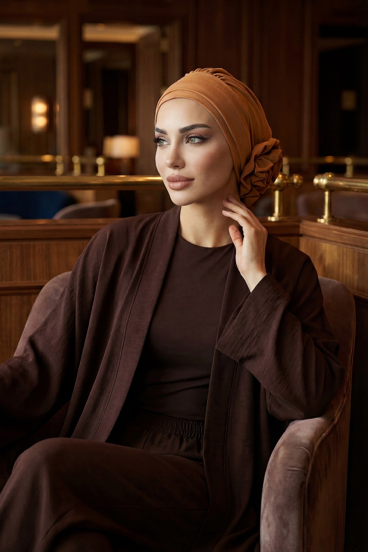 Pre-Tied Modest Turban for Women, Soft Aerobin Fabric Hijab with Stylish Back Flower, Slip-On Cotton Blend Head Cover,HT-92 Camel