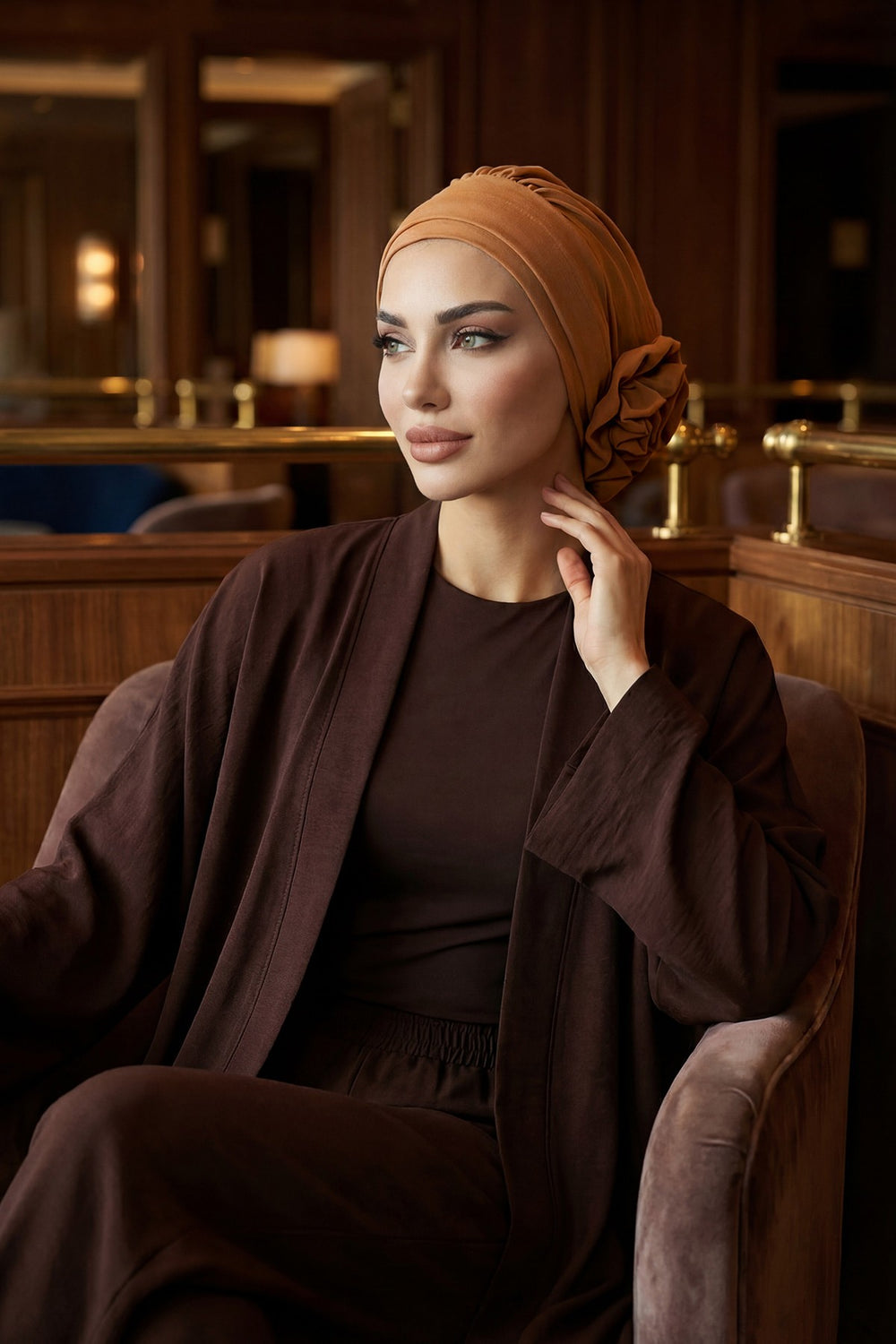 Pre-Tied Modest Turban for Women, Soft Aerobin Fabric Hijab with Stylish Back Flower, Slip-On Cotton Blend Head Cover,HT-92 Camel