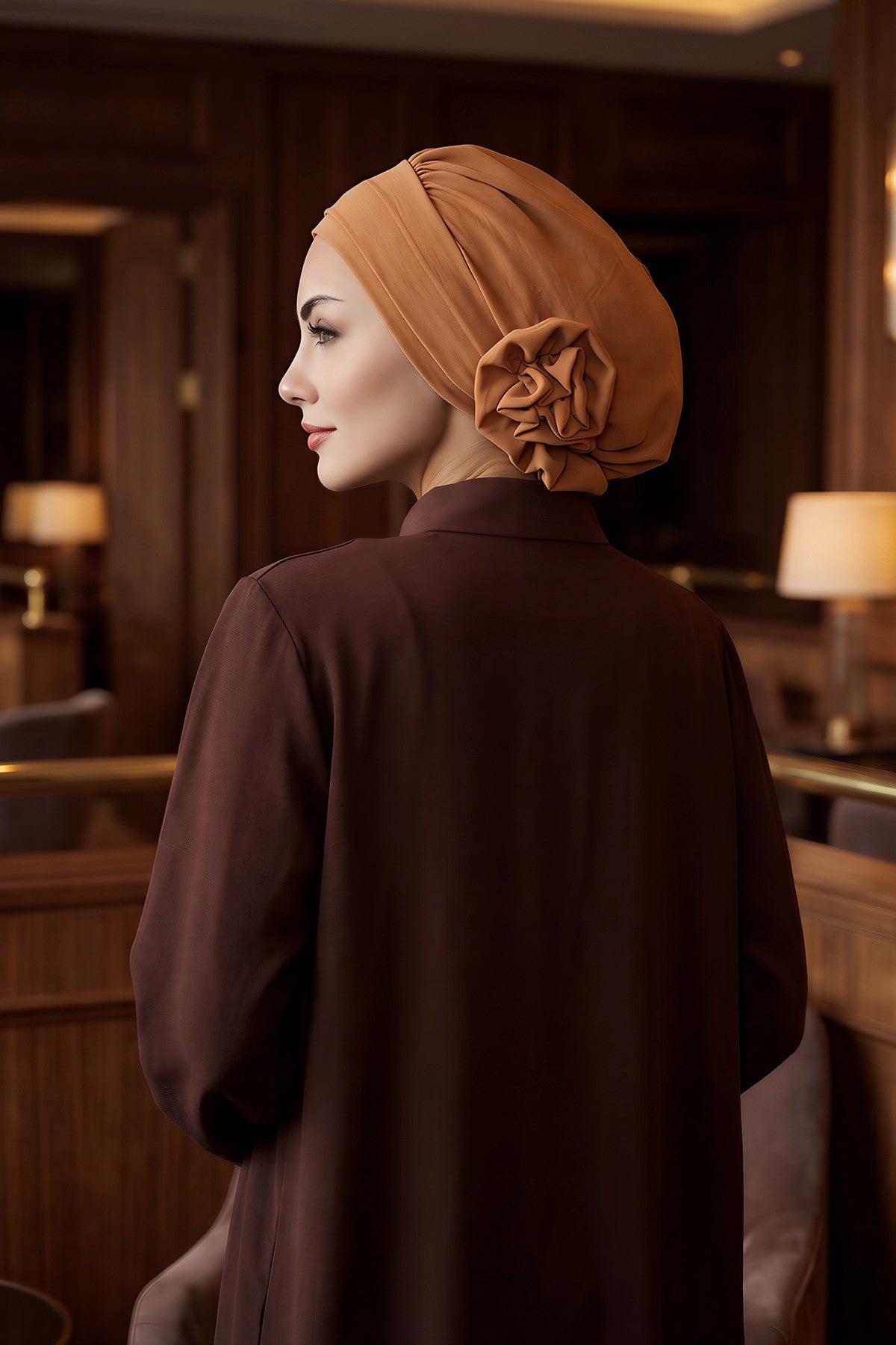 Pre-Tied Modest Turban for Women, Soft Aerobin Fabric Hijab with Stylish Back Flower, Slip-On Cotton Blend Head Cover,HT-92 Camel