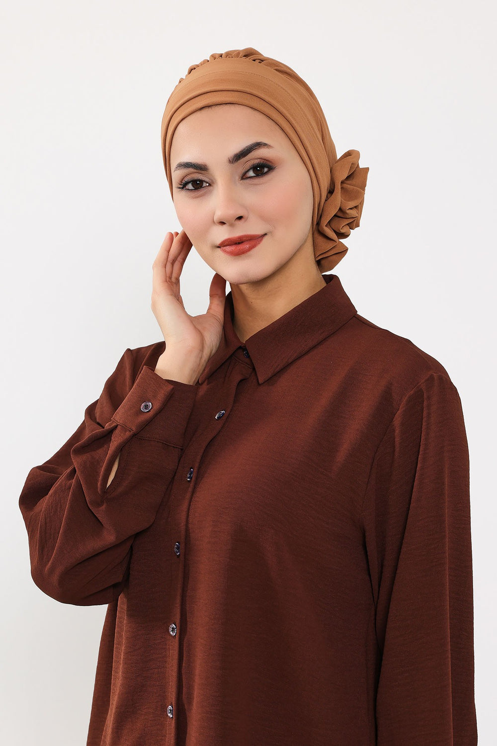 Pre-Tied Modest Turban for Women, Soft Aerobin Fabric Hijab with Stylish Back Flower, Slip-On Cotton Blend Head Cover,HT-92 Camel