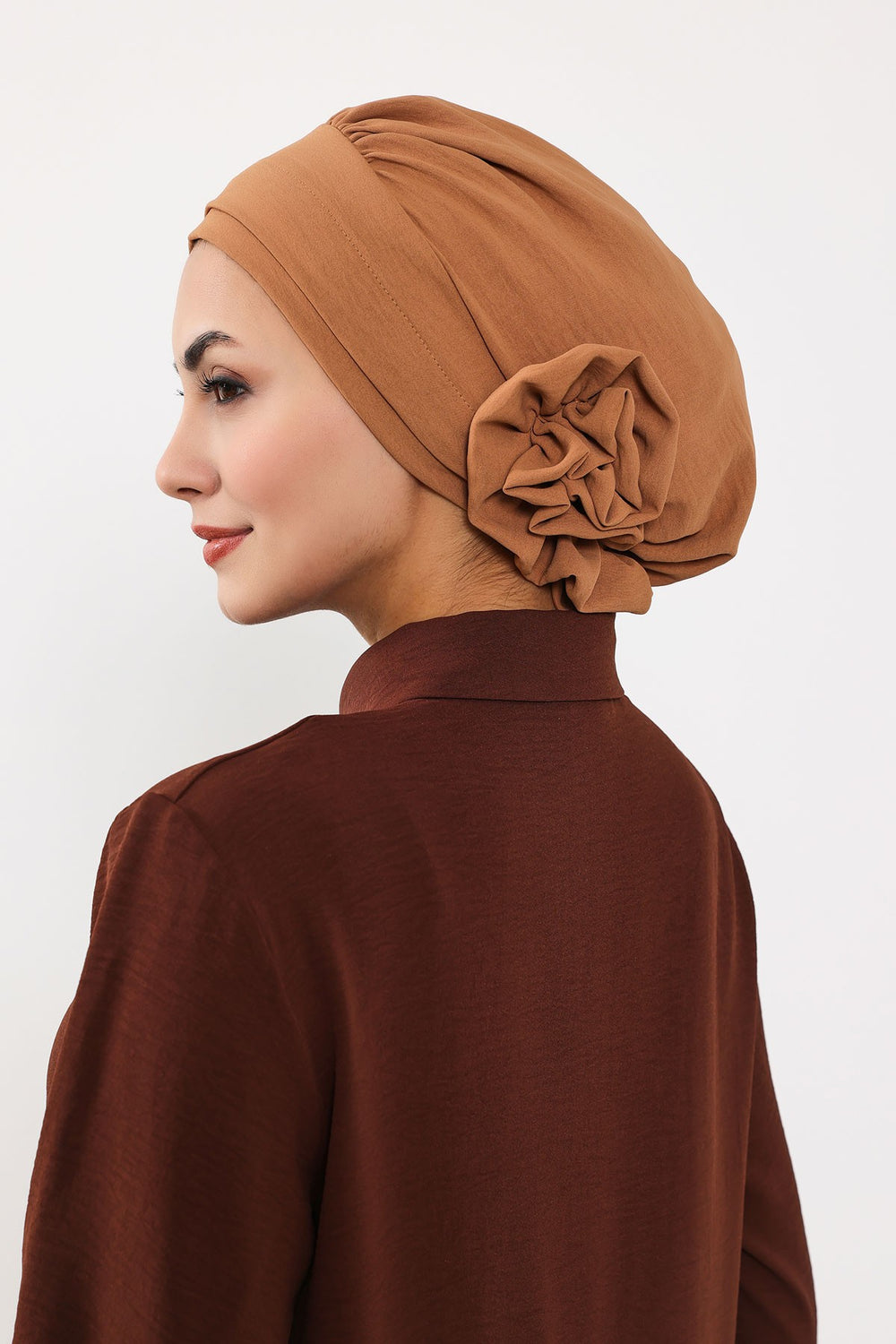 Pre-Tied Modest Turban for Women, Soft Aerobin Fabric Hijab with Stylish Back Flower, Slip-On Cotton Blend Head Cover,HT-92 Camel