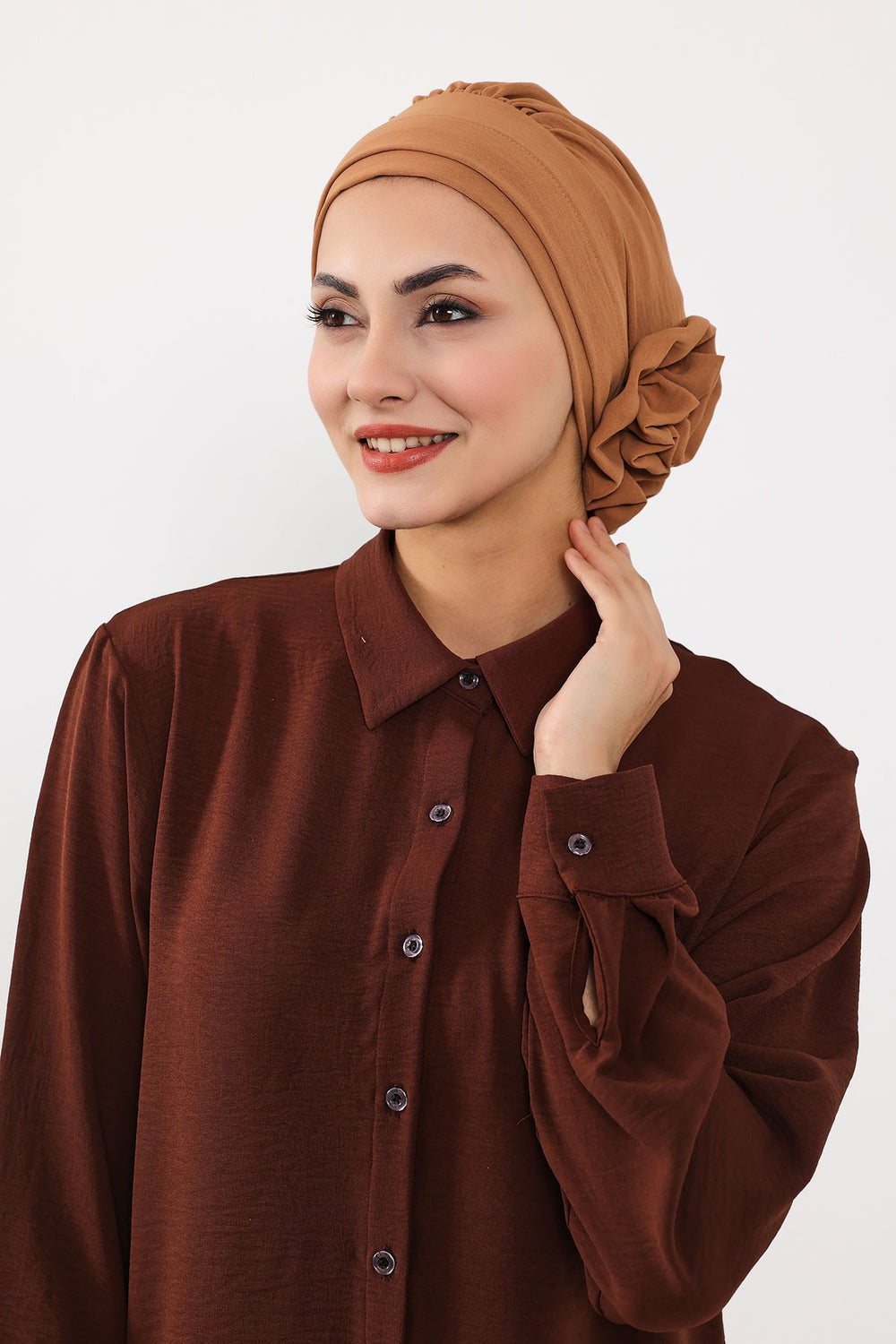 Pre-Tied Modest Turban for Women, Soft Aerobin Fabric Hijab with Stylish Back Flower, Slip-On Cotton Blend Head Cover,HT-92 Camel