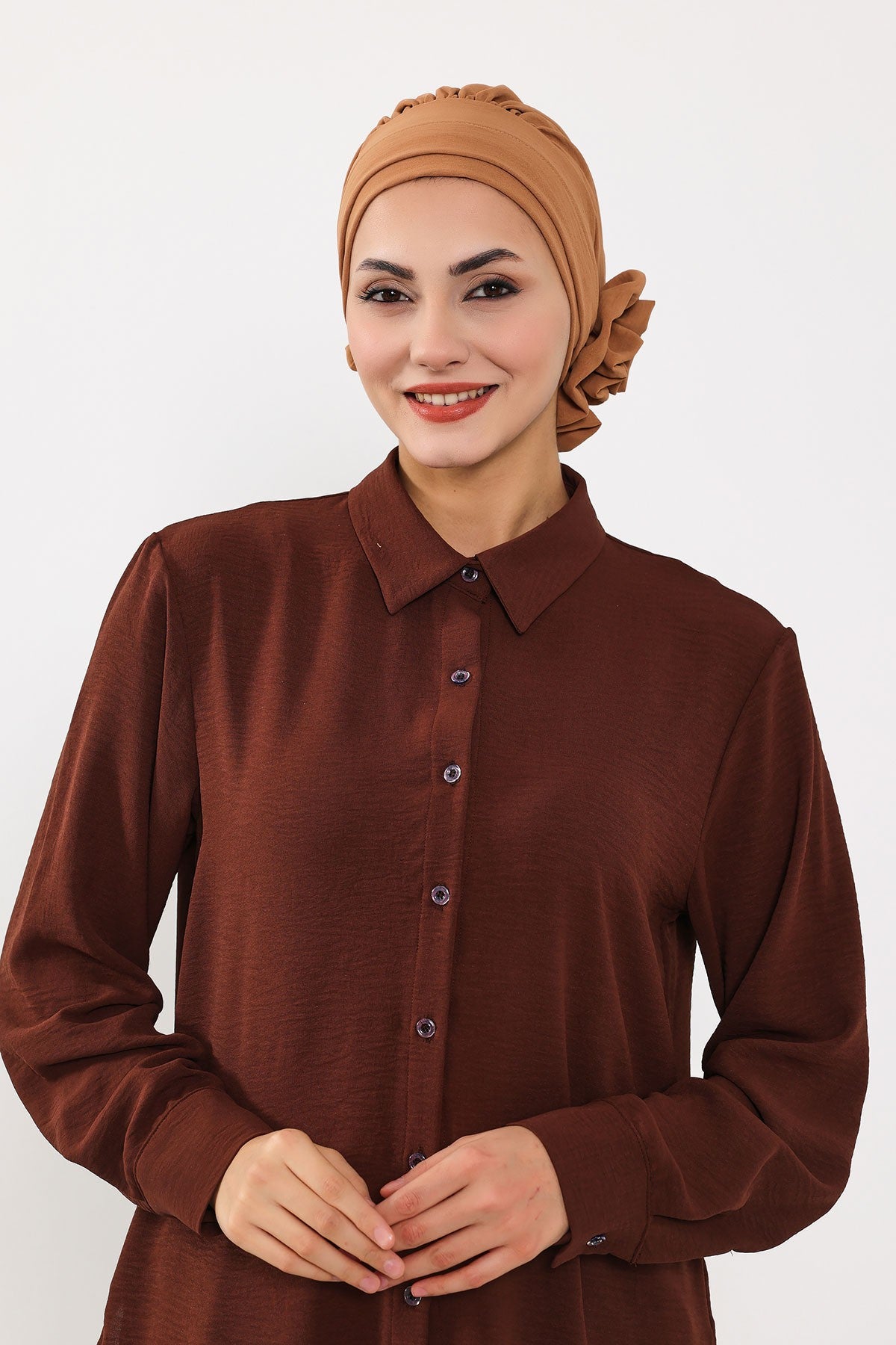 Pre-Tied Modest Turban for Women, Soft Aerobin Fabric Hijab with Stylish Back Flower, Slip-On Cotton Blend Head Cover,HT-92 Camel