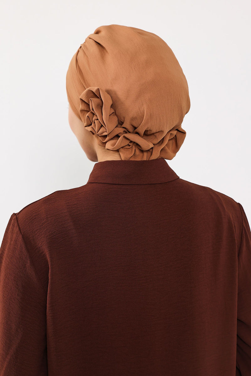 Pre-Tied Modest Turban for Women, Soft Aerobin Fabric Hijab with Stylish Back Flower, Slip-On Cotton Blend Head Cover,HT-92