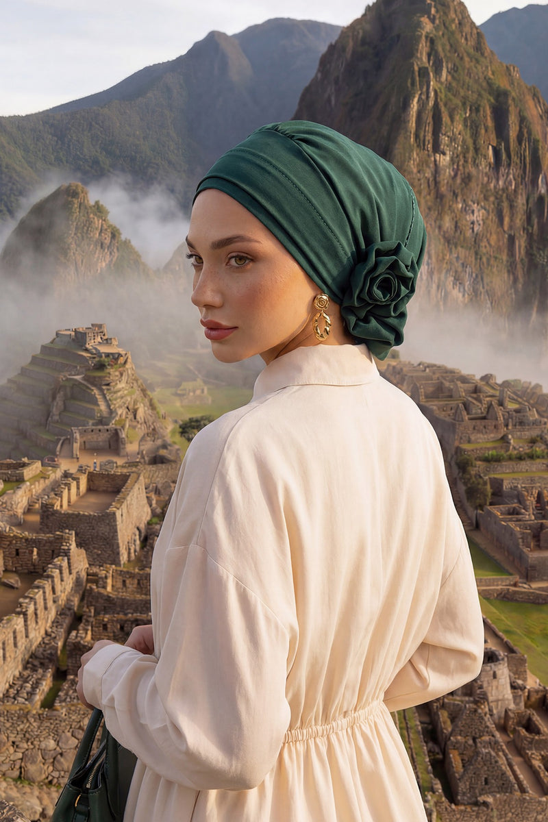 Pre-Tied Modest Turban for Women, Soft Aerobin Fabric Hijab with Stylish Back Flower, Slip-On Cotton Blend Head Cover,HT-92