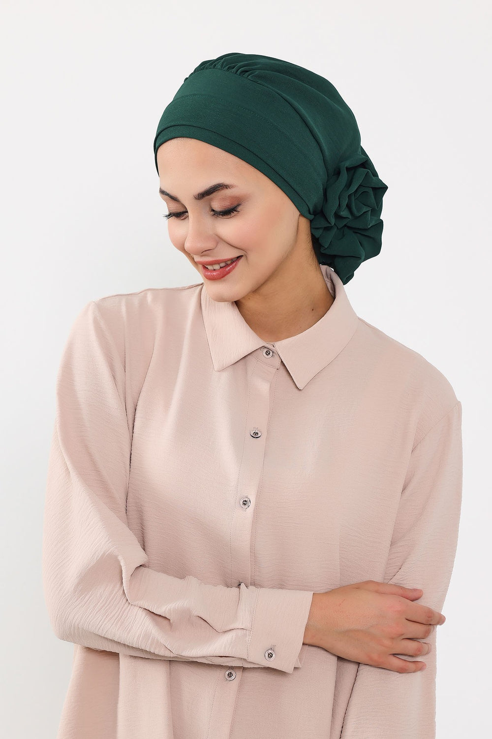 Pre-Tied Modest Turban for Women, Soft Aerobin Fabric Hijab with Stylish Back Flower, Slip-On Cotton Blend Head Cover,HT-92 Dark Green