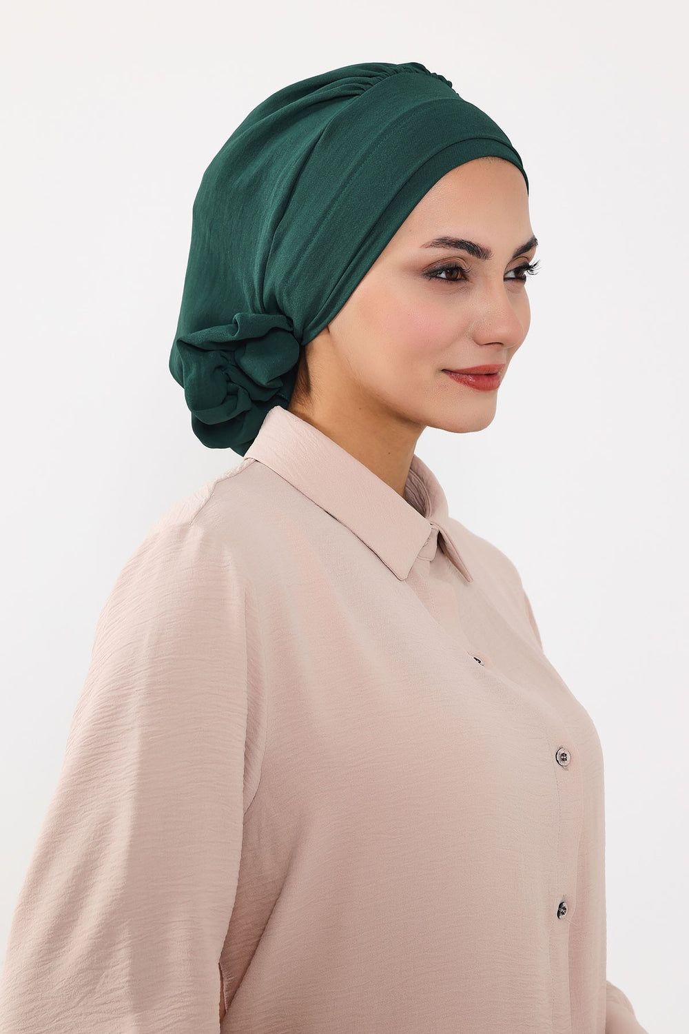 Pre-Tied Modest Turban for Women, Soft Aerobin Fabric Hijab with Stylish Back Flower, Slip-On Cotton Blend Head Cover,HT-92 Dark Green