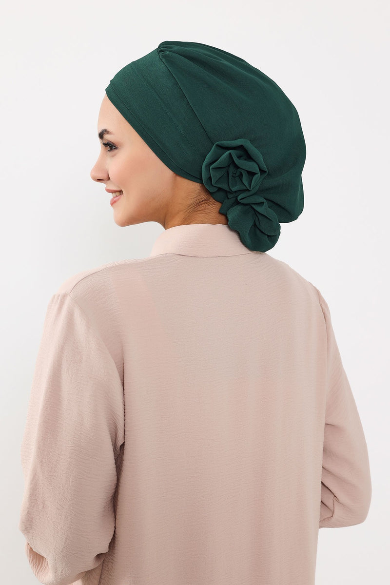 Pre-Tied Modest Turban for Women, Soft Aerobin Fabric Hijab with Stylish Back Flower, Slip-On Cotton Blend Head Cover,HT-92
