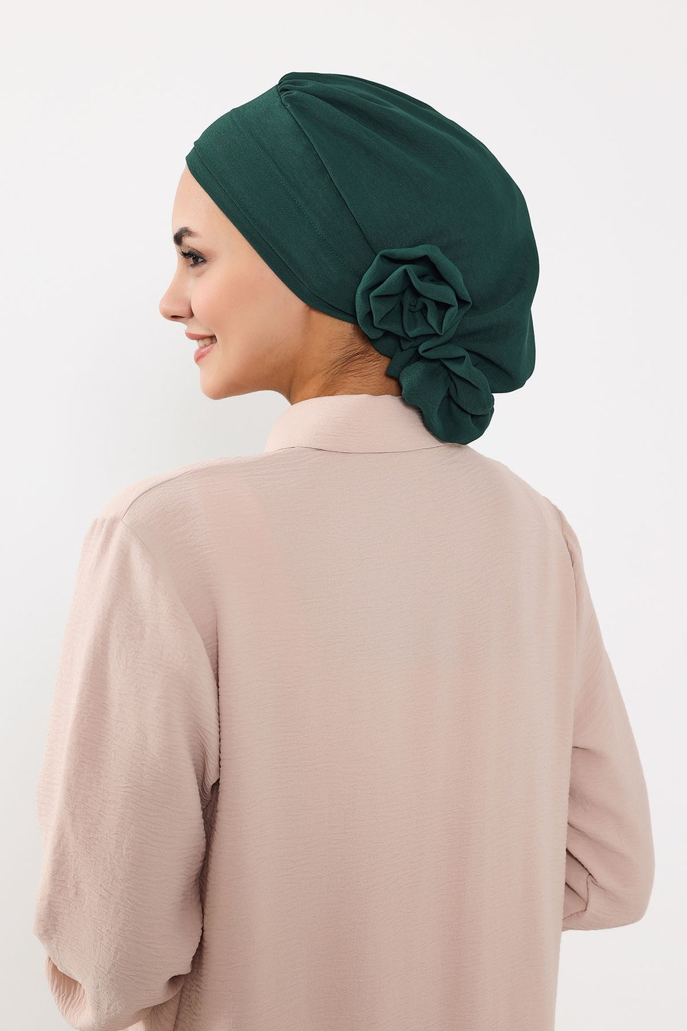 Pre-Tied Modest Turban for Women, Soft Aerobin Fabric Hijab with Stylish Back Flower, Slip-On Cotton Blend Head Cover,HT-92 Dark Green