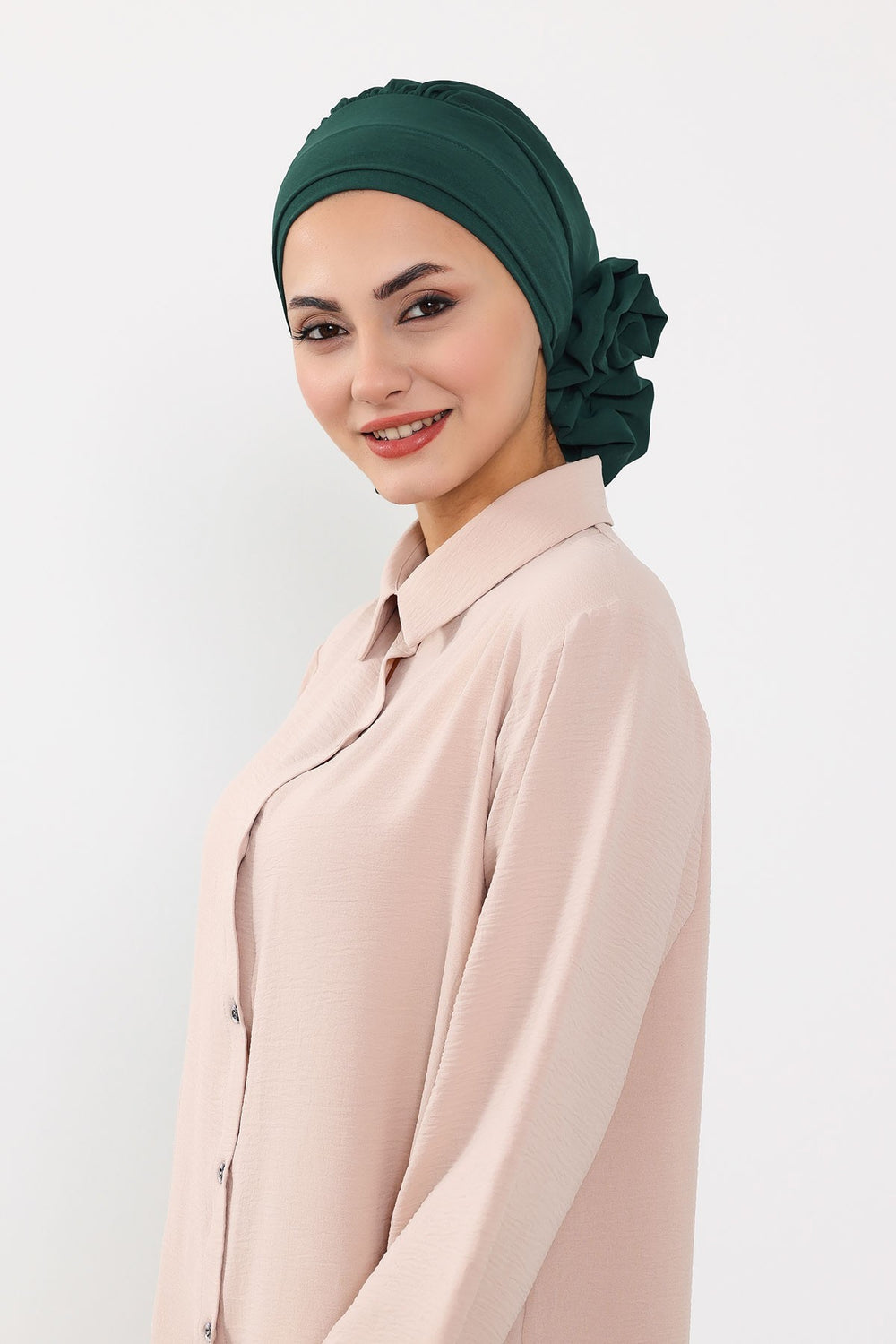 Pre-Tied Modest Turban for Women, Soft Aerobin Fabric Hijab with Stylish Back Flower, Slip-On Cotton Blend Head Cover,HT-92 Dark Green