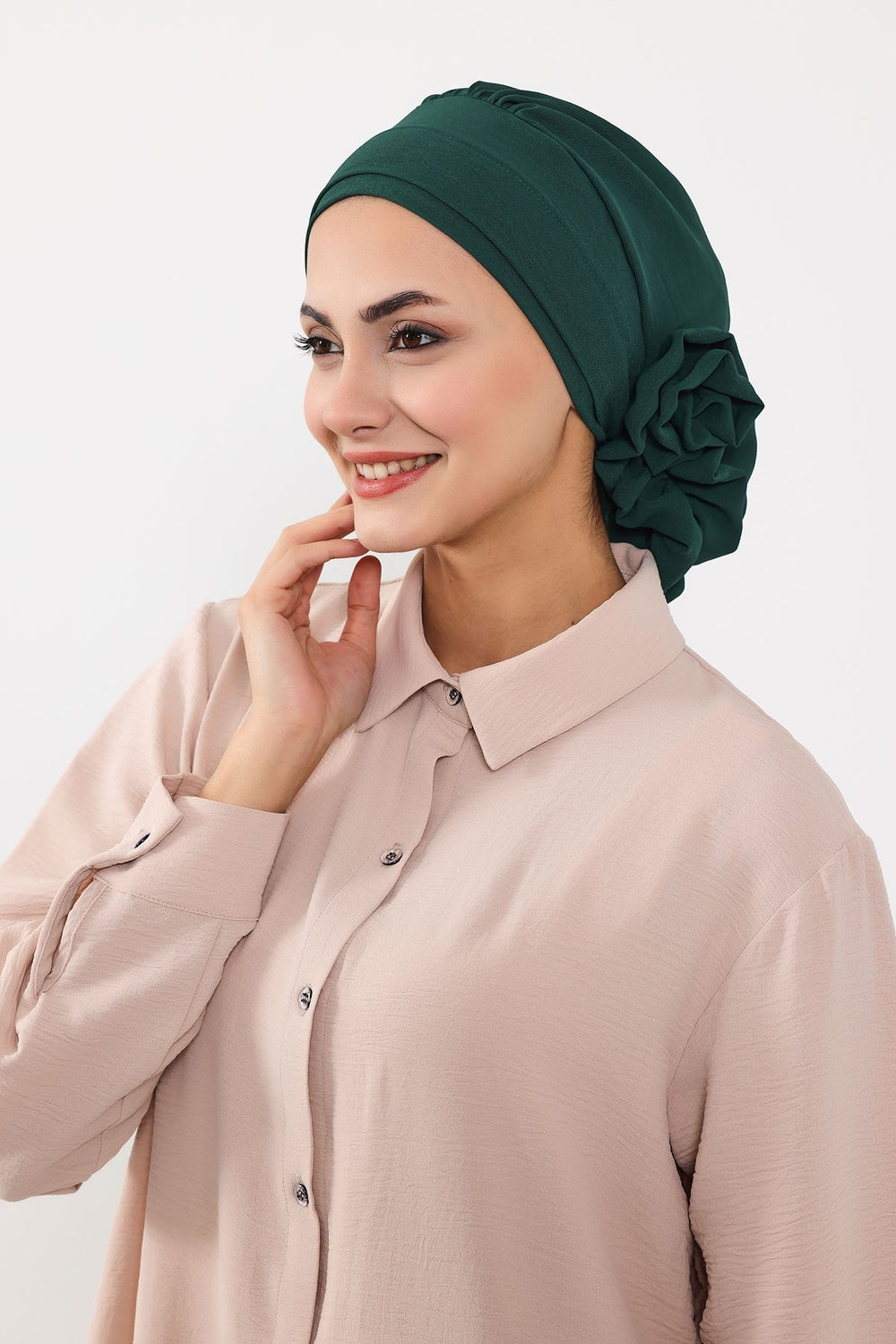Pre-Tied Modest Turban for Women, Soft Aerobin Fabric Hijab with Stylish Back Flower, Slip-On Cotton Blend Head Cover,HT-92 Dark Green