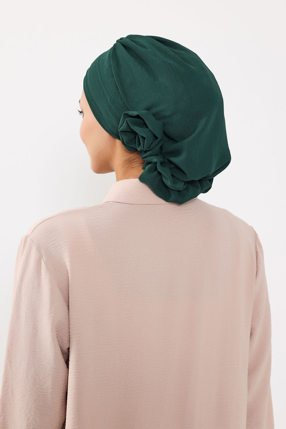 Pre-Tied Modest Turban for Women, Soft Aerobin Fabric Hijab with Stylish Back Flower, Slip-On Cotton Blend Head Cover,HT-92 Dark Green