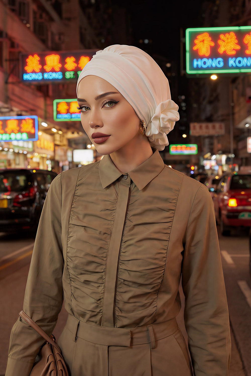Pre-Tied Modest Turban for Women, Soft Aerobin Fabric Hijab with Stylish Back Flower, Slip-On Cotton Blend Head Cover,HT-92 Ecru