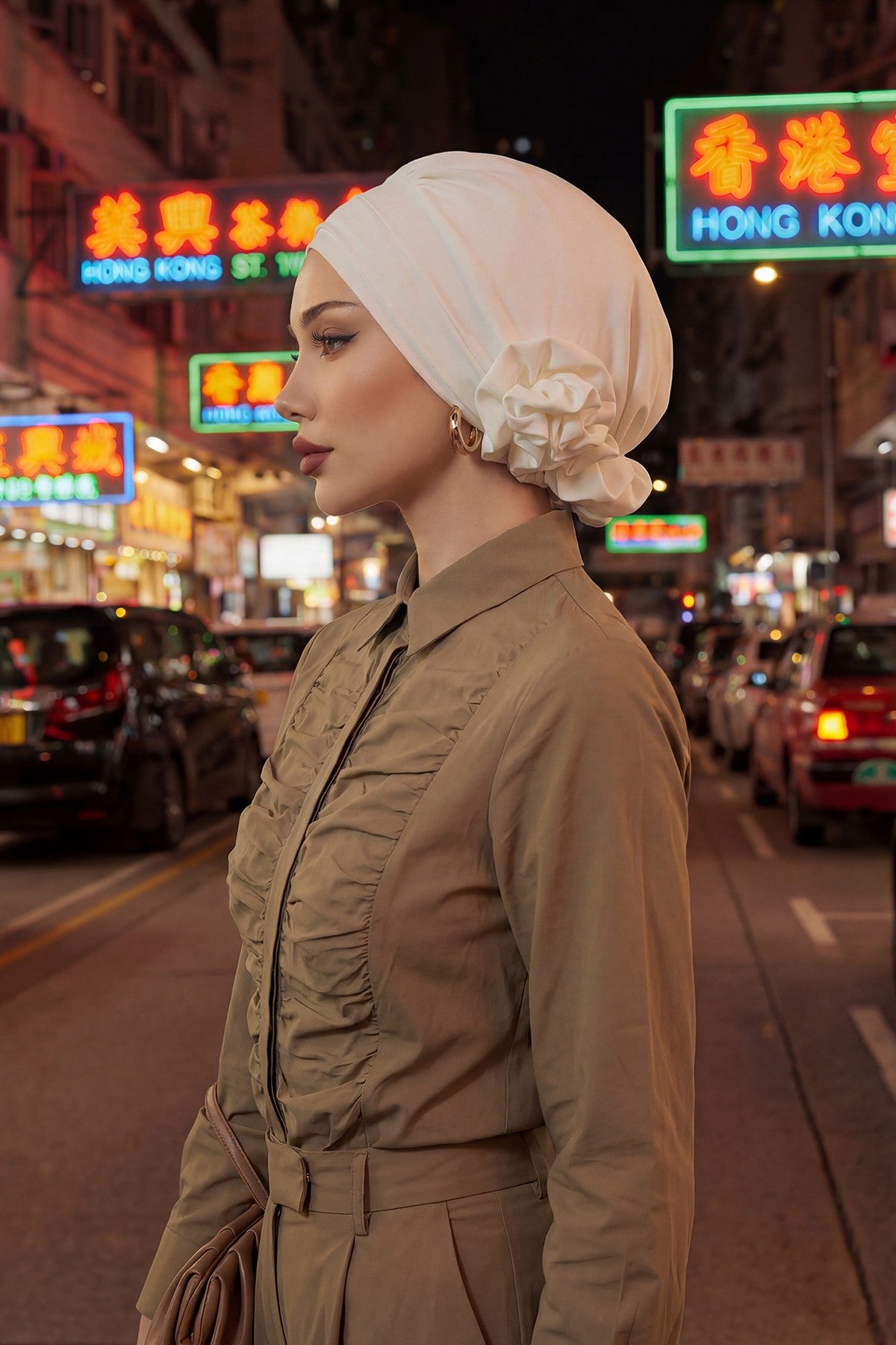 Pre-Tied Modest Turban for Women, Soft Aerobin Fabric Hijab with Stylish Back Flower, Slip-On Cotton Blend Head Cover,HT-92 Ecru