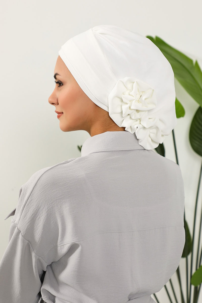 Pre-Tied Modest Turban for Women, Soft Aerobin Fabric Hijab with Stylish Back Flower, Slip-On Cotton Blend Head Cover,HT-92