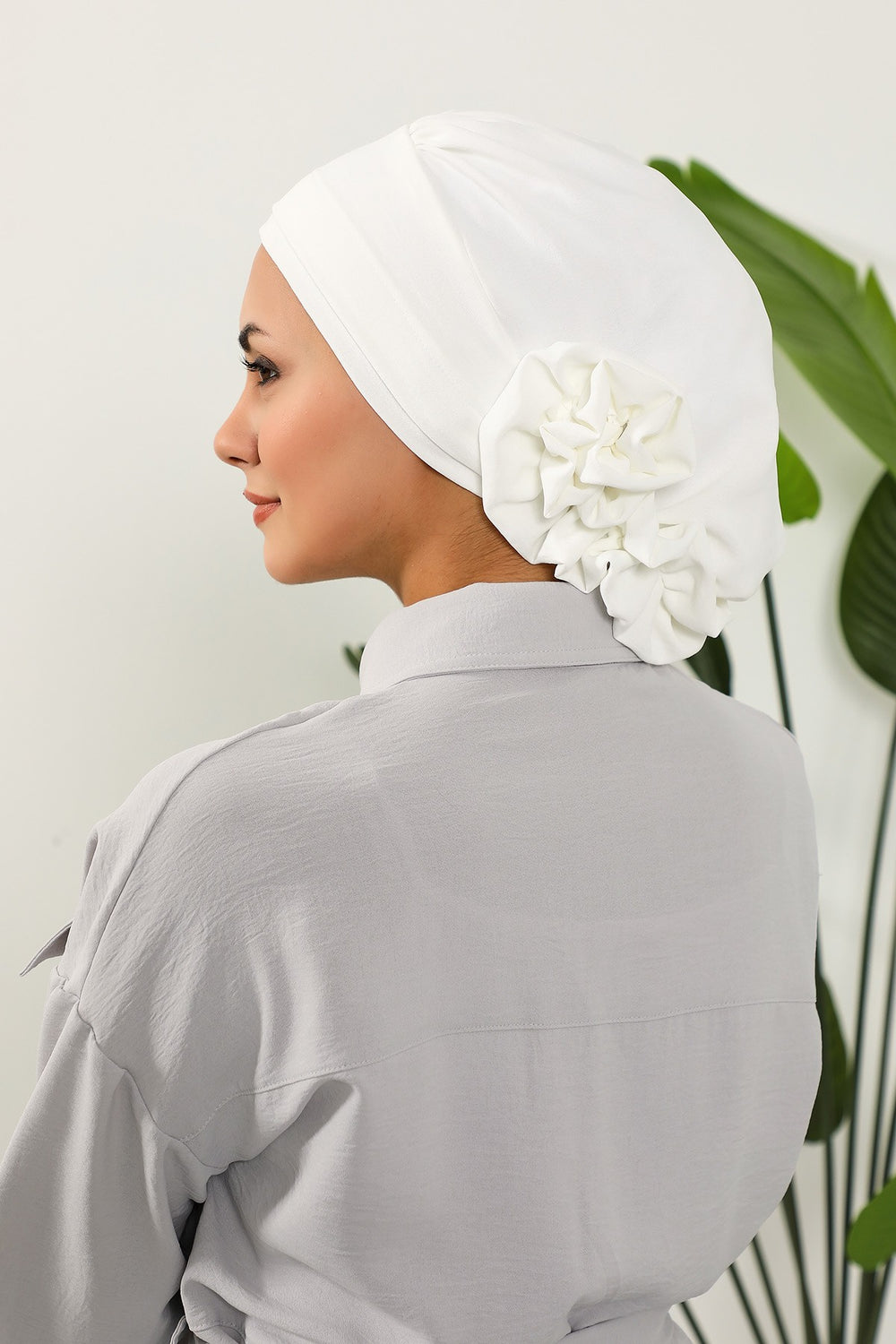 Pre-Tied Modest Turban for Women, Soft Aerobin Fabric Hijab with Stylish Back Flower, Slip-On Cotton Blend Head Cover,HT-92 Ecru