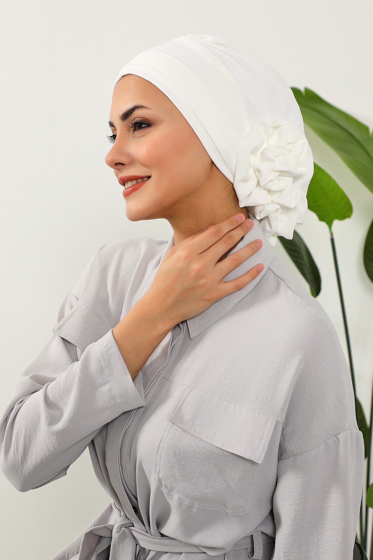 Pre-Tied Modest Turban for Women, Soft Aerobin Fabric Hijab with Stylish Back Flower, Slip-On Cotton Blend Head Cover,HT-92 Ecru