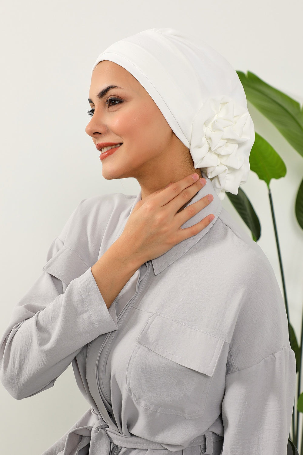 Pre-Tied Modest Turban for Women, Soft Aerobin Fabric Hijab with Stylish Back Flower, Slip-On Cotton Blend Head Cover,HT-92 Ecru
