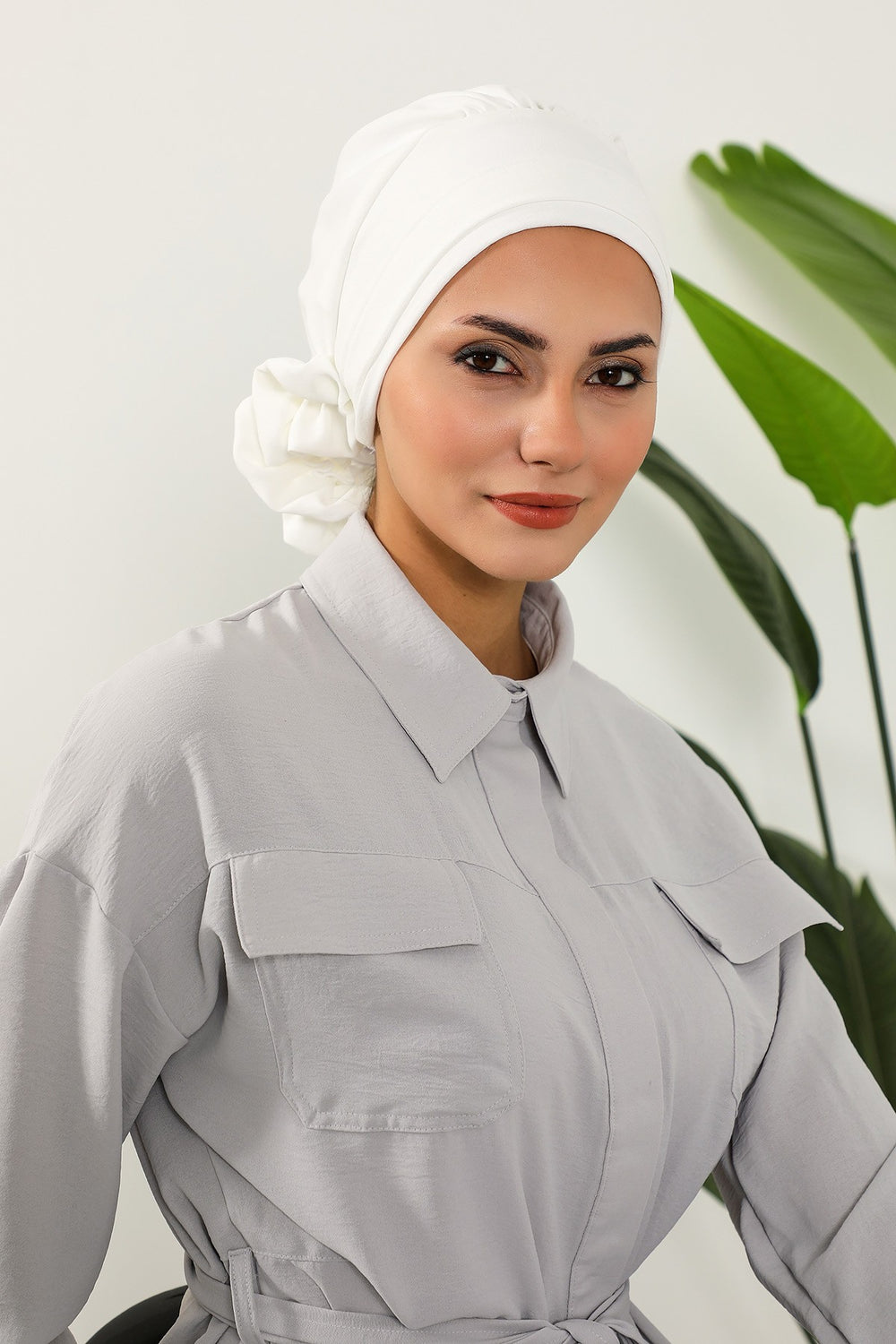 Pre-Tied Modest Turban for Women, Soft Aerobin Fabric Hijab with Stylish Back Flower, Slip-On Cotton Blend Head Cover,HT-92 Ecru