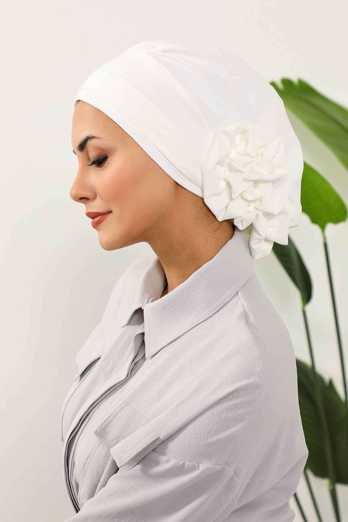 Pre-Tied Modest Turban for Women, Soft Aerobin Fabric Hijab with Stylish Back Flower, Slip-On Cotton Blend Head Cover,HT-92 Ecru